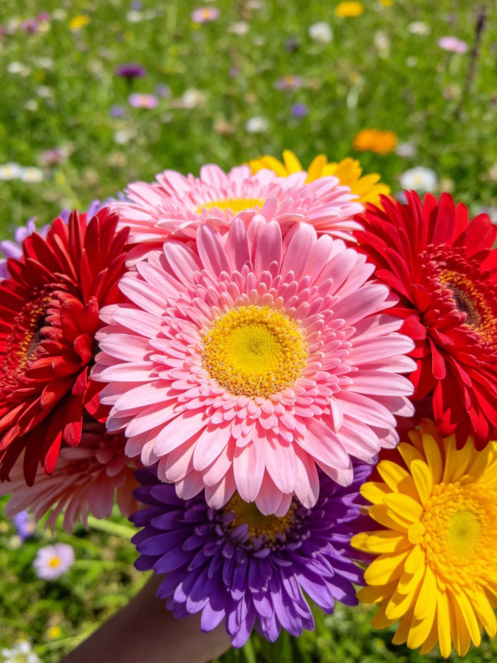 Multicolored gerbera daisy bouquet in a sunny meadow