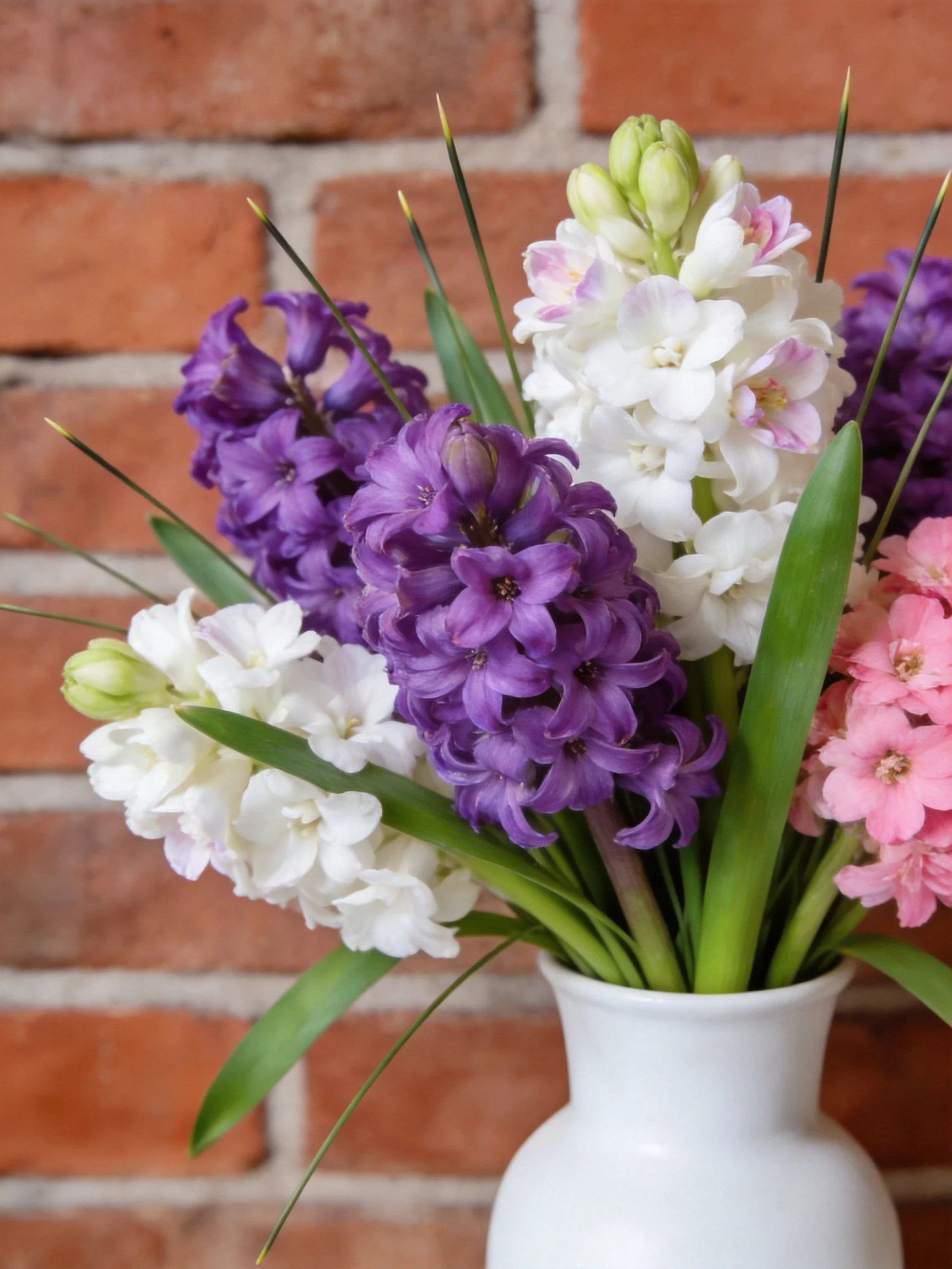 Multicolored hyacinth bouquet in white vase by brick wall