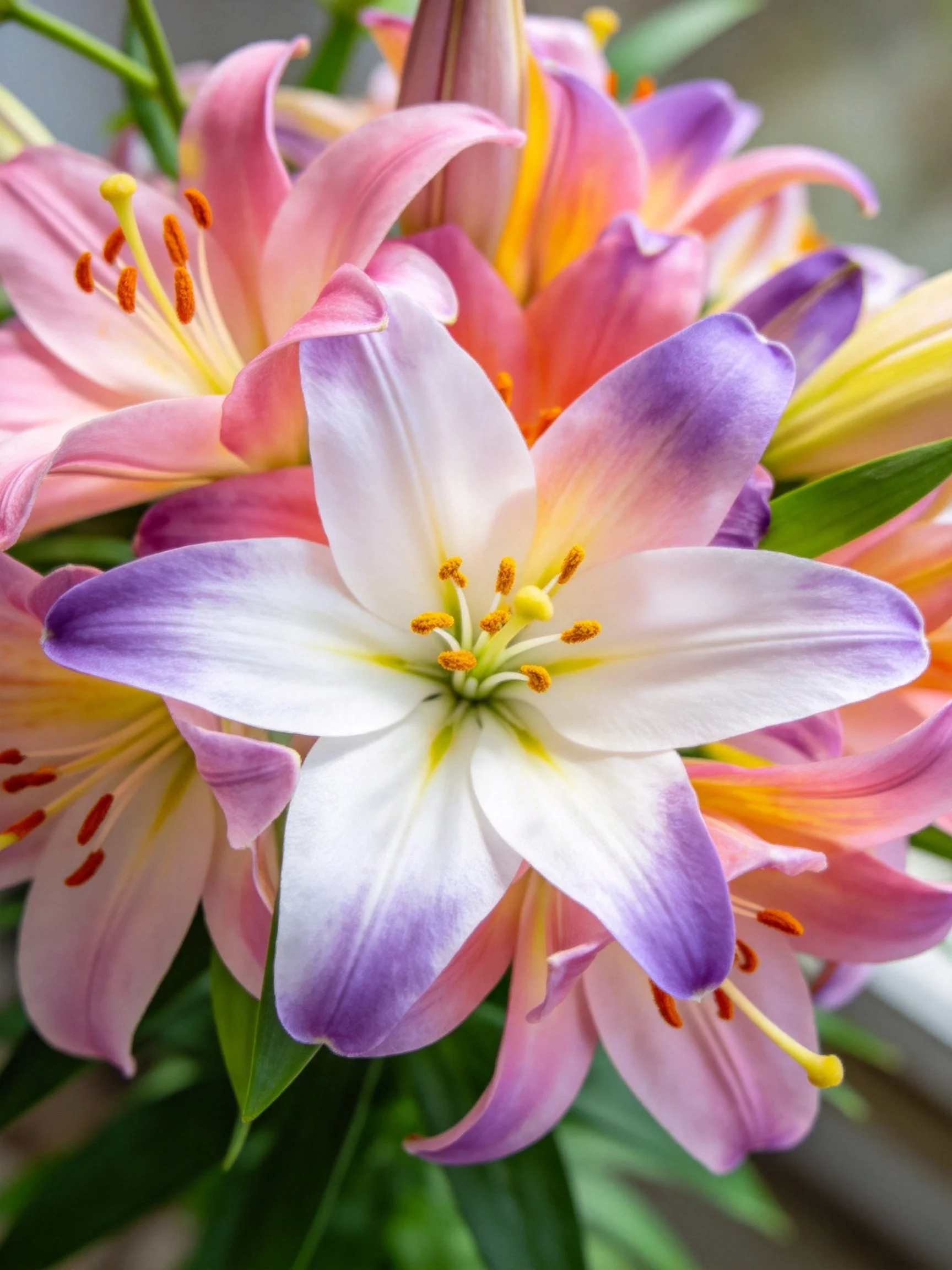 Multicolored lily bouquet with pink, purple, and white blooms