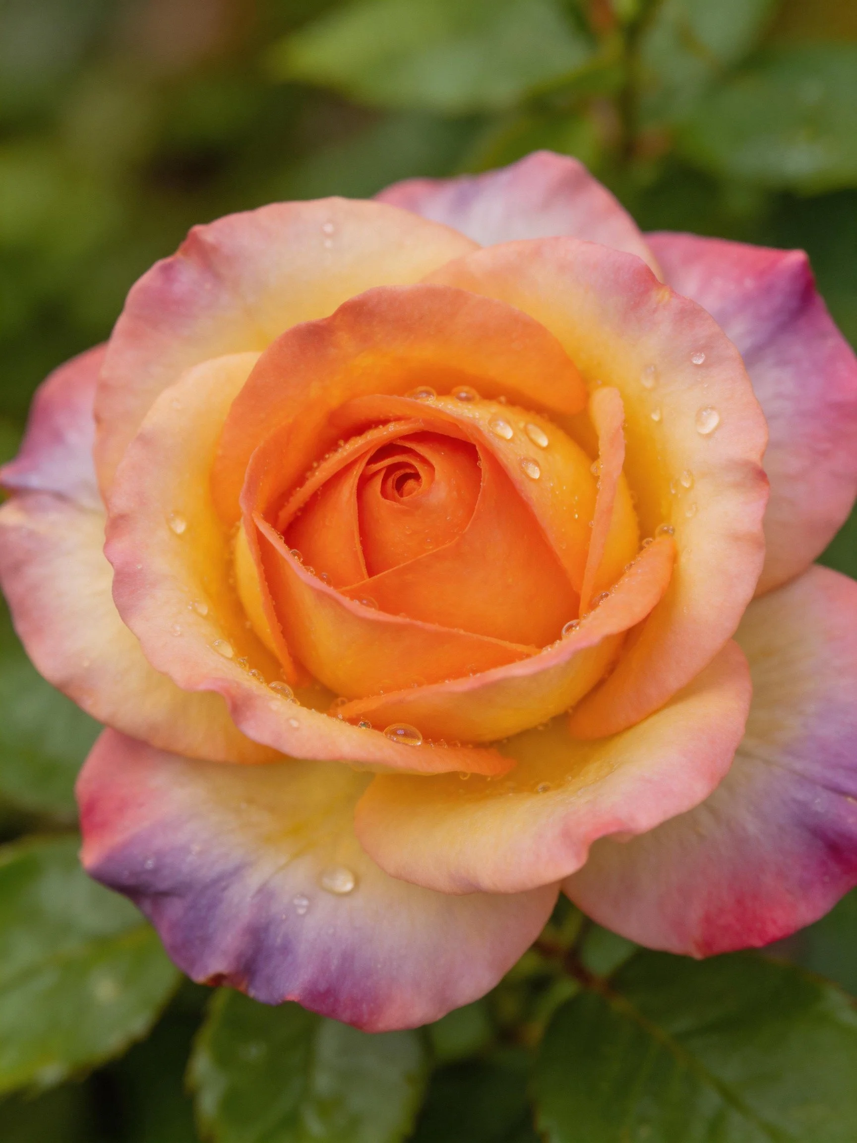 Multicolored rose with water droplets on petals