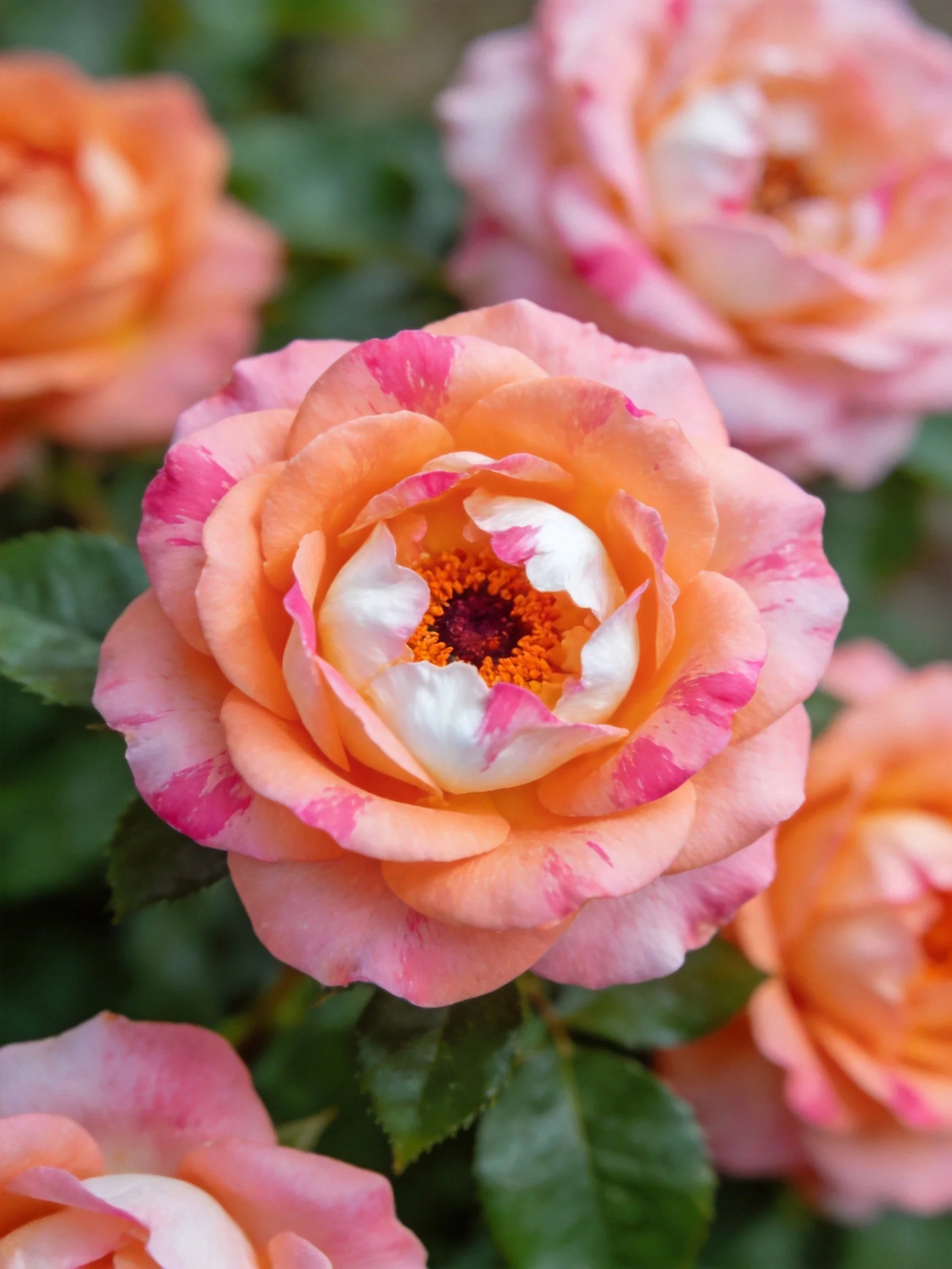 Multicolored roses with pink, orange, and white petals