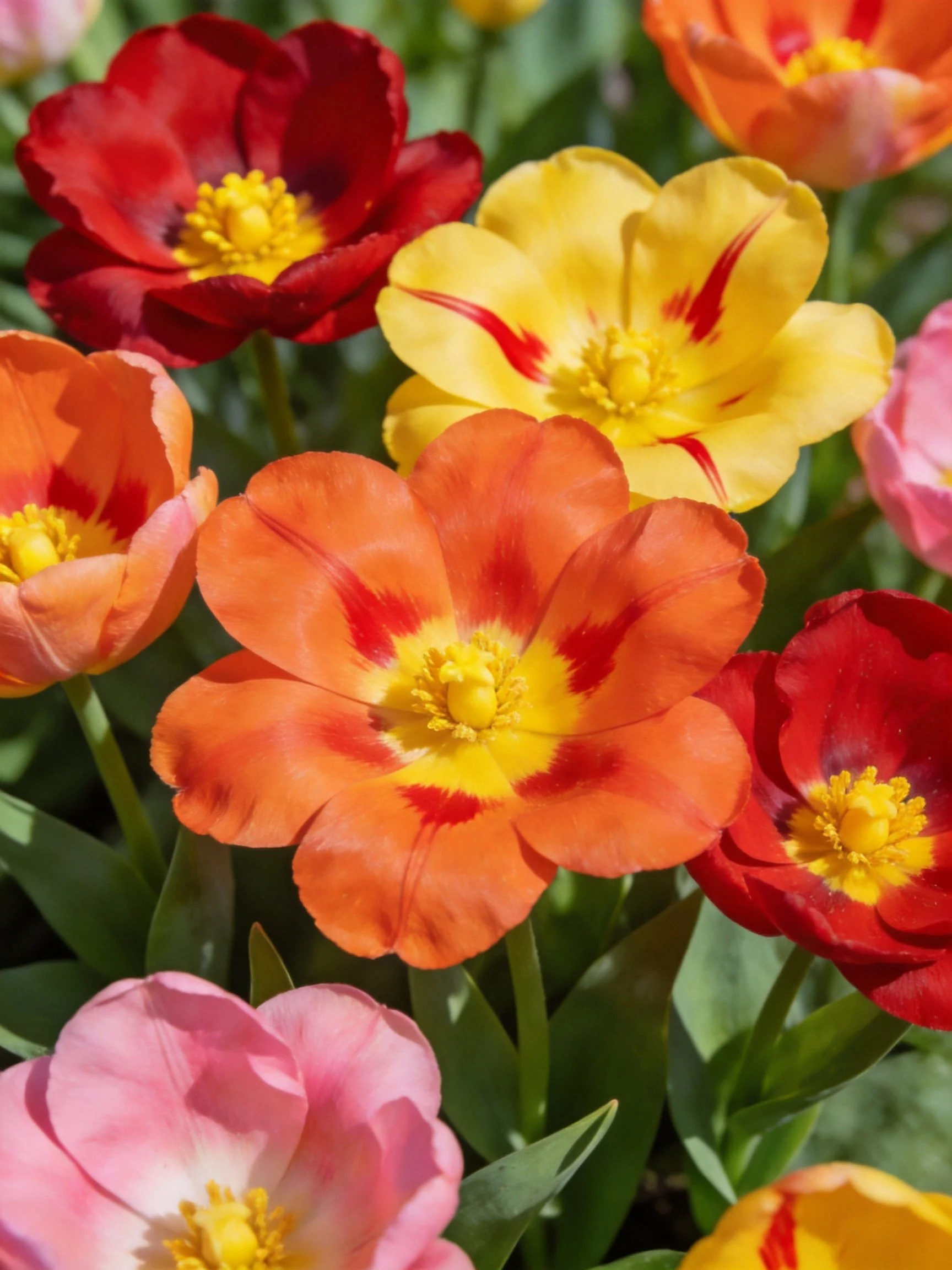 Multicolored tulips display vivid hues amid green foliage