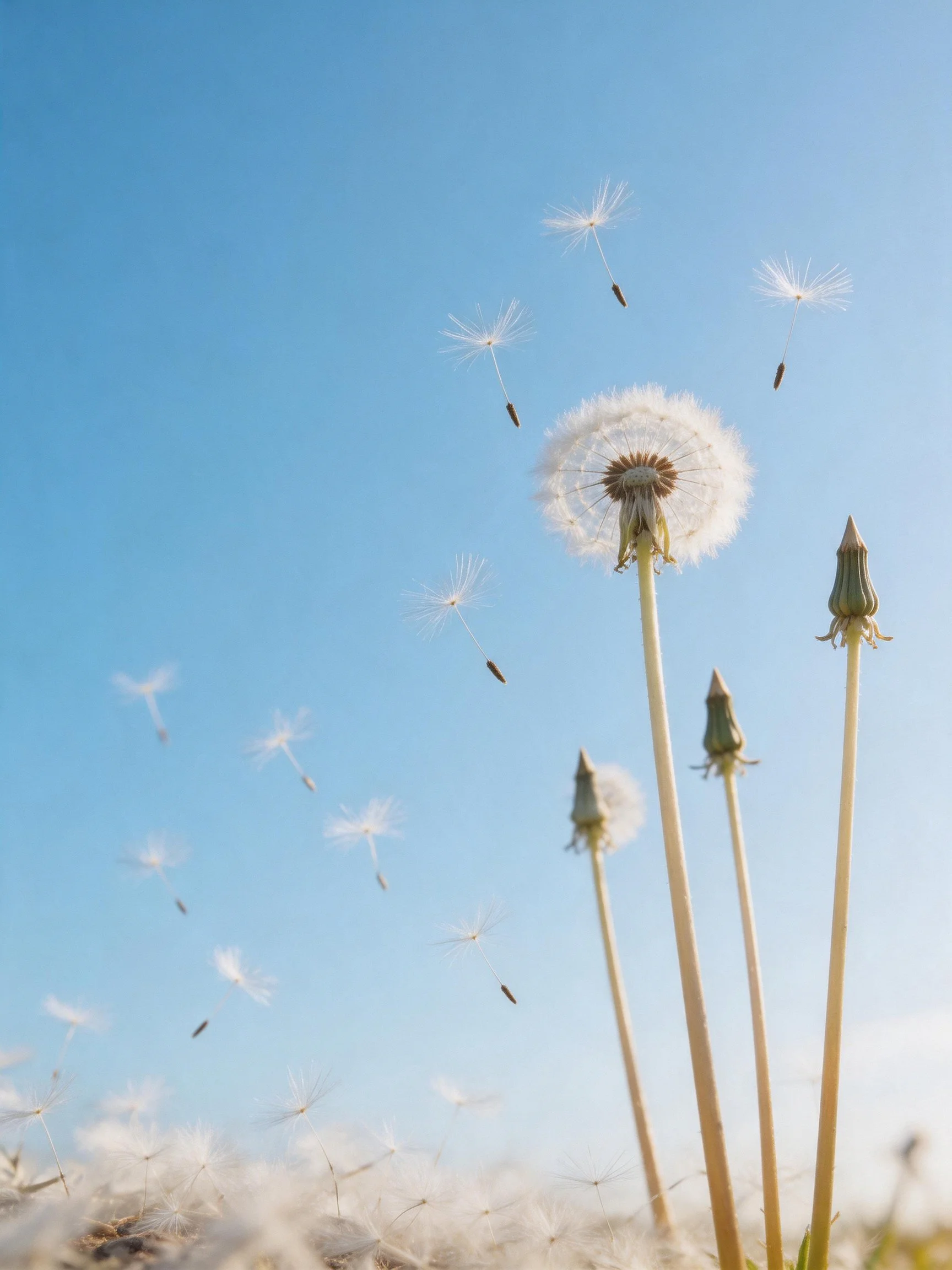 Multiple Dandelions With Seeds Floating in Clear Blue Sky