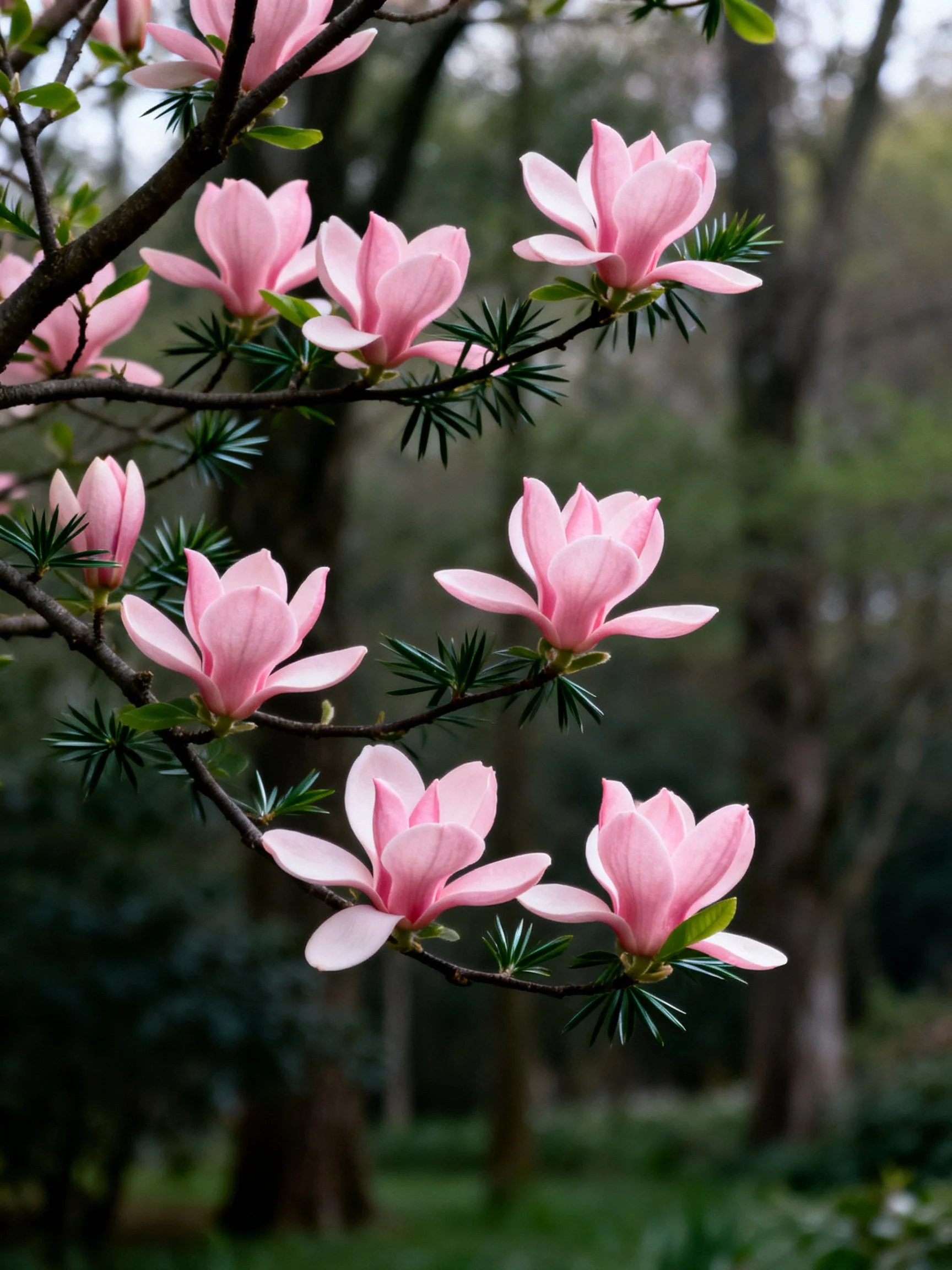Multiple Pink Magnolia Blooms on Branches Among Trees