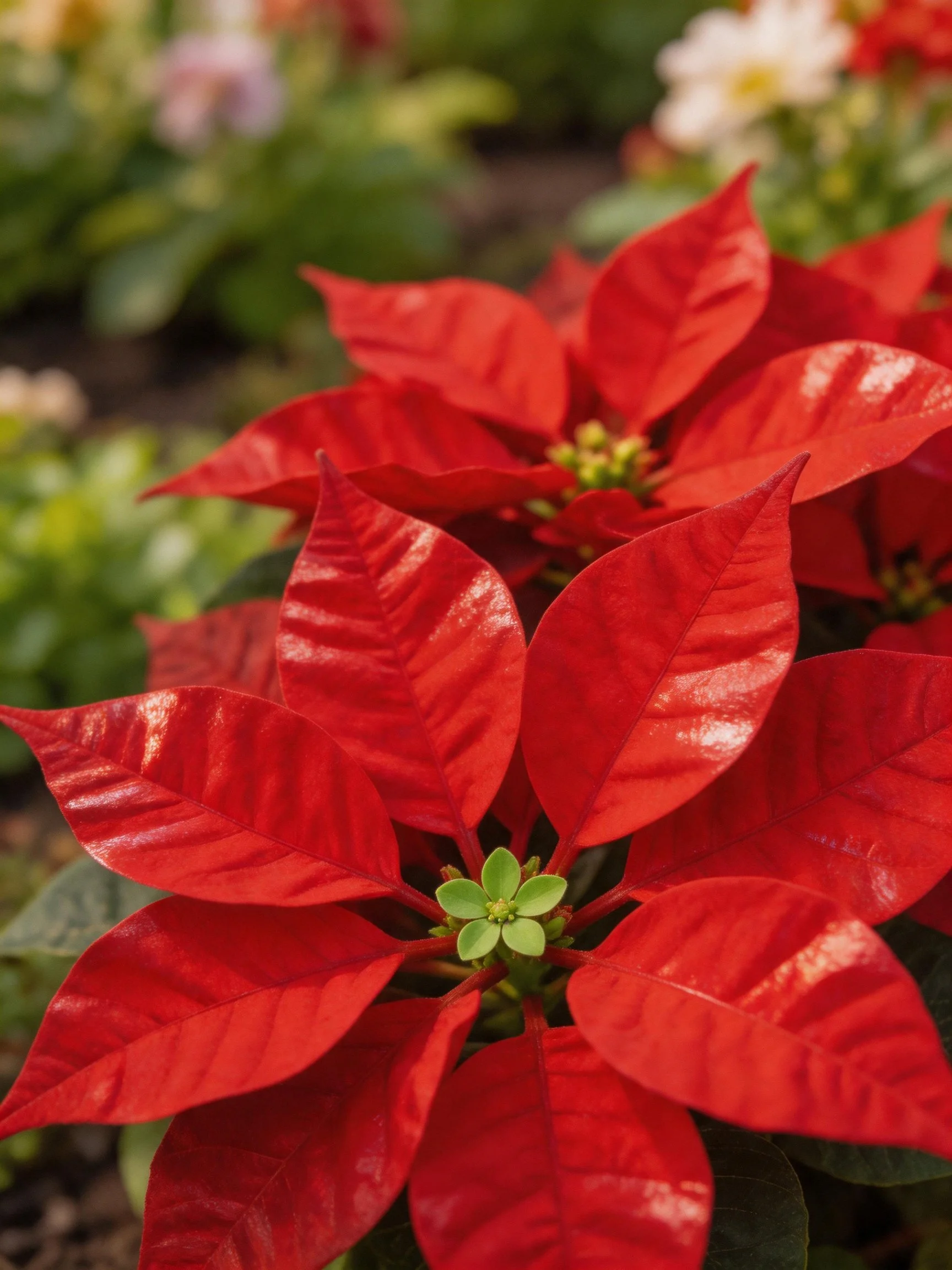 Multiple Vibrant Red Poinsettias with Green Centers in Garden