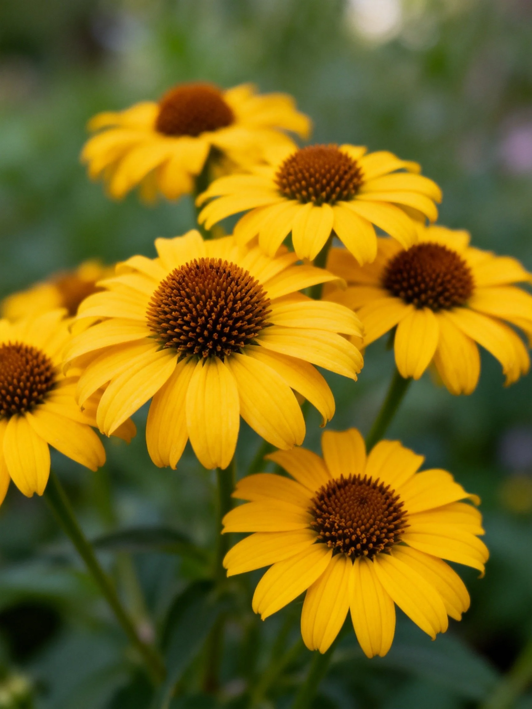 Multiple Vibrant Yellow Coneflowers with Brown Centers