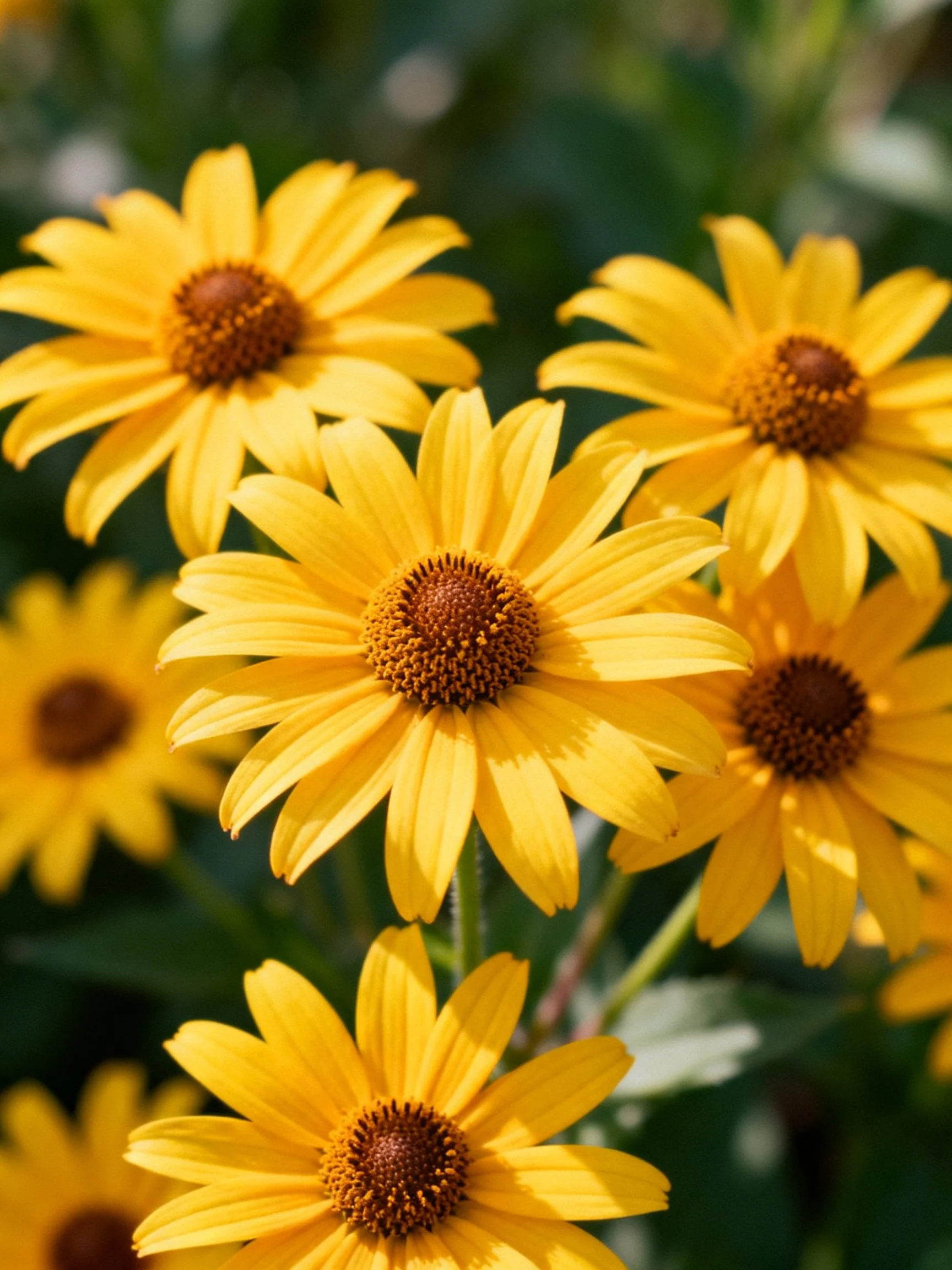 Multiple bright yellow flowers with brown centers in a garden