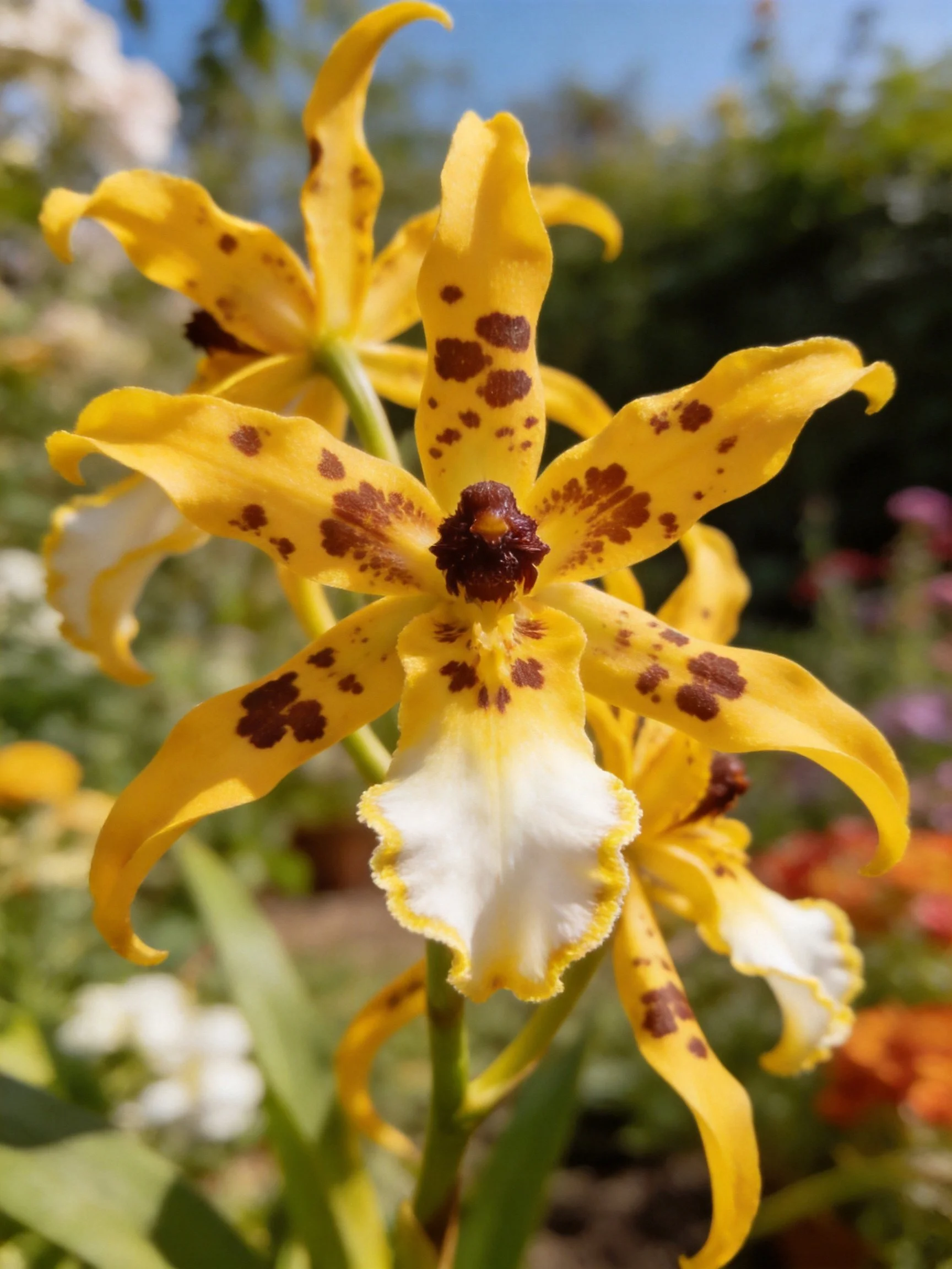 Multiple bright yellow orchids with brown spots in garden