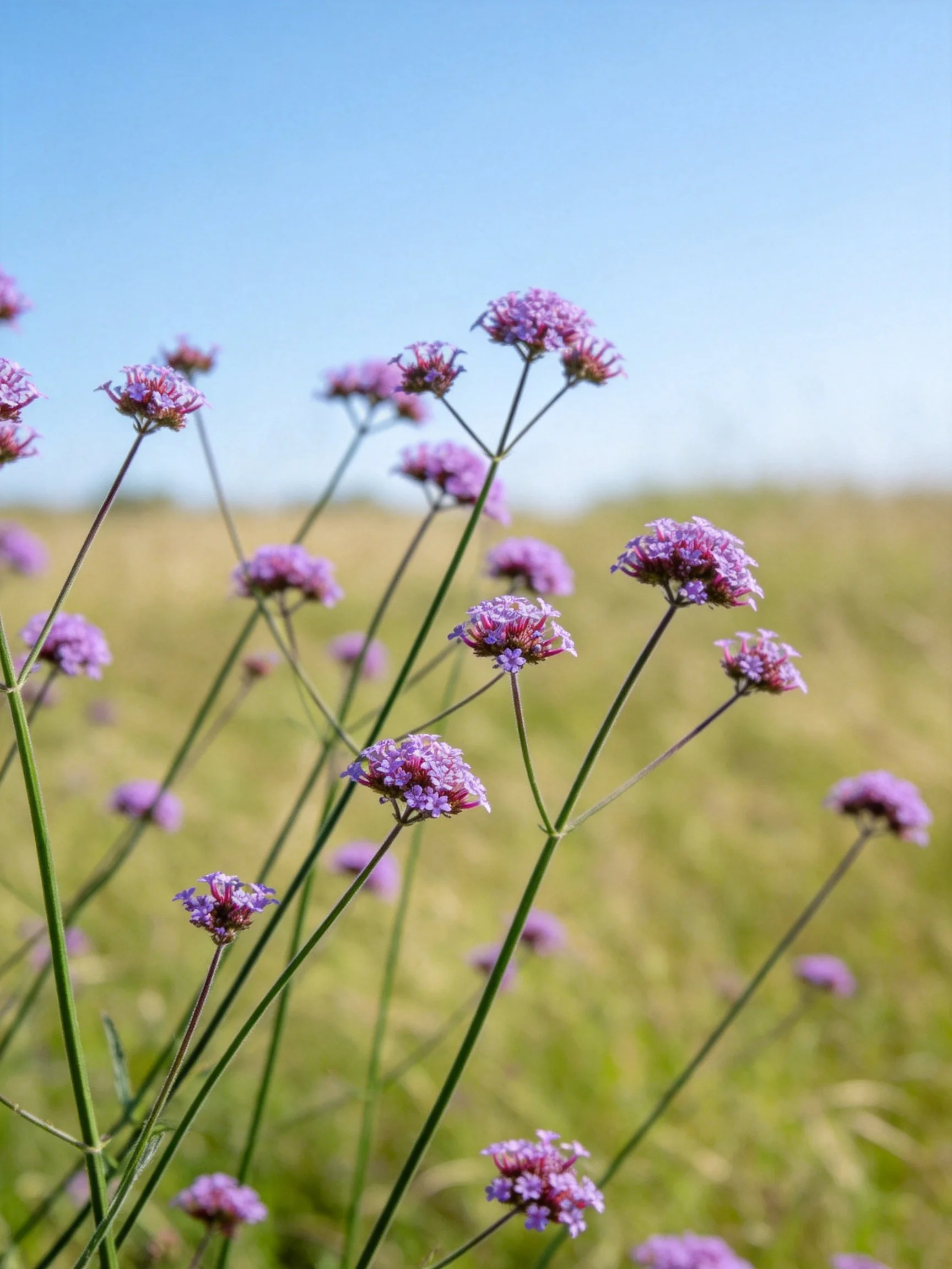 Multiple clusters of purple verbena flowers bloom in a sunlit open field