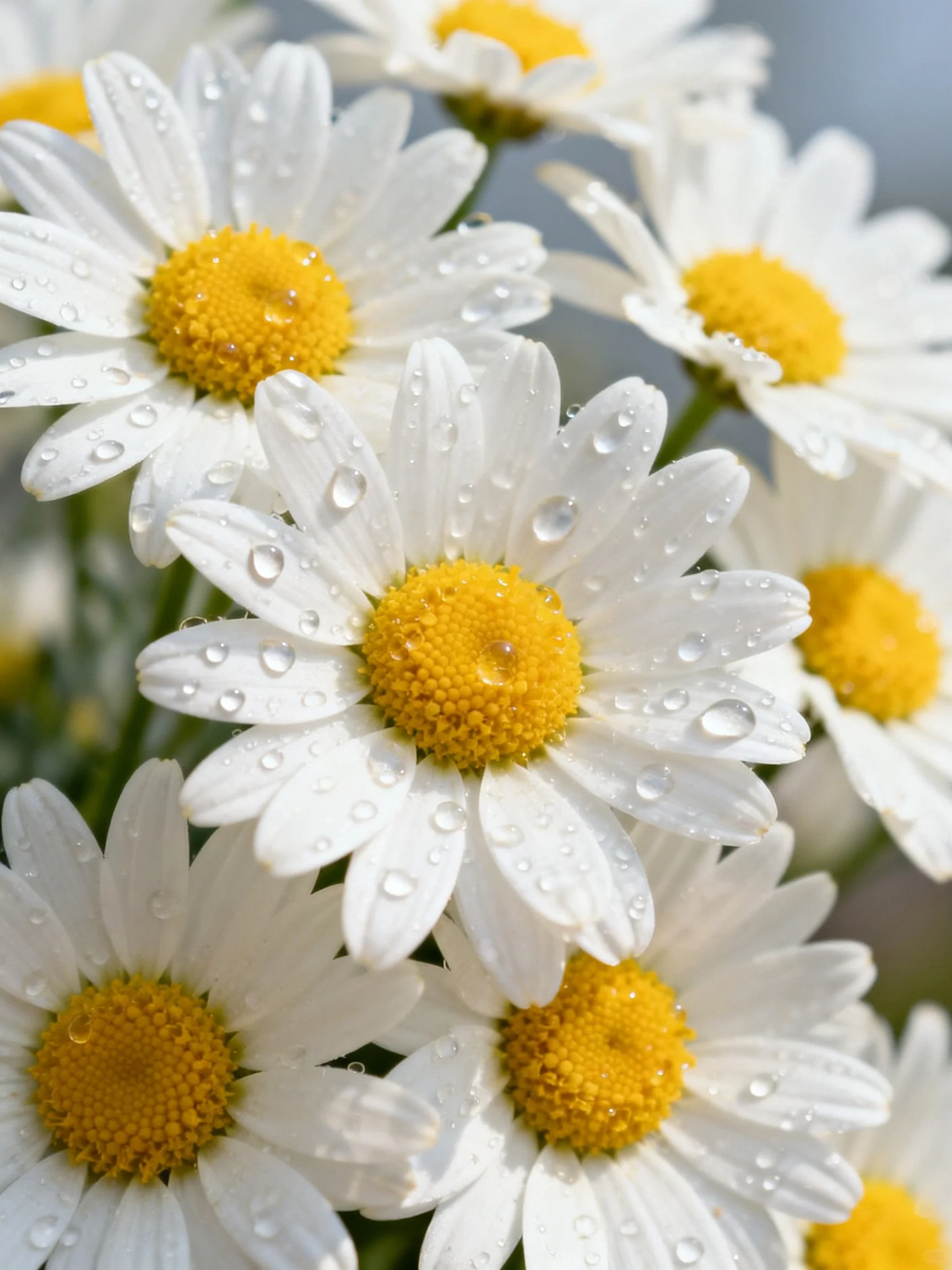 Multiple daisies with white petals, yellow centers, and water droplets