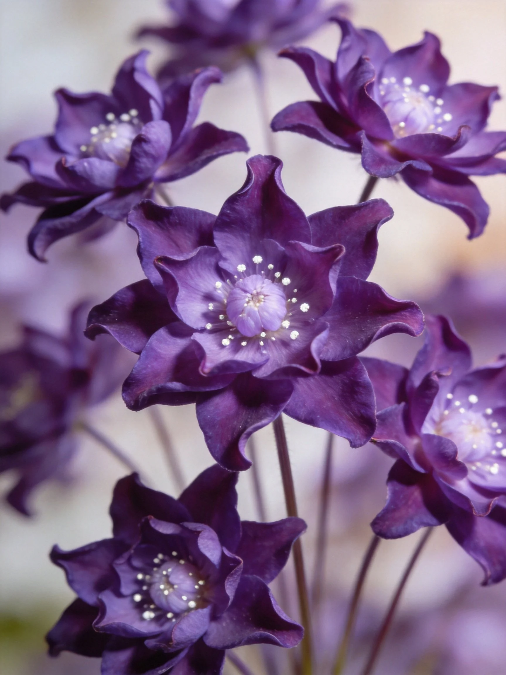 Multiple deep purple flowers with layered petals in soft focus