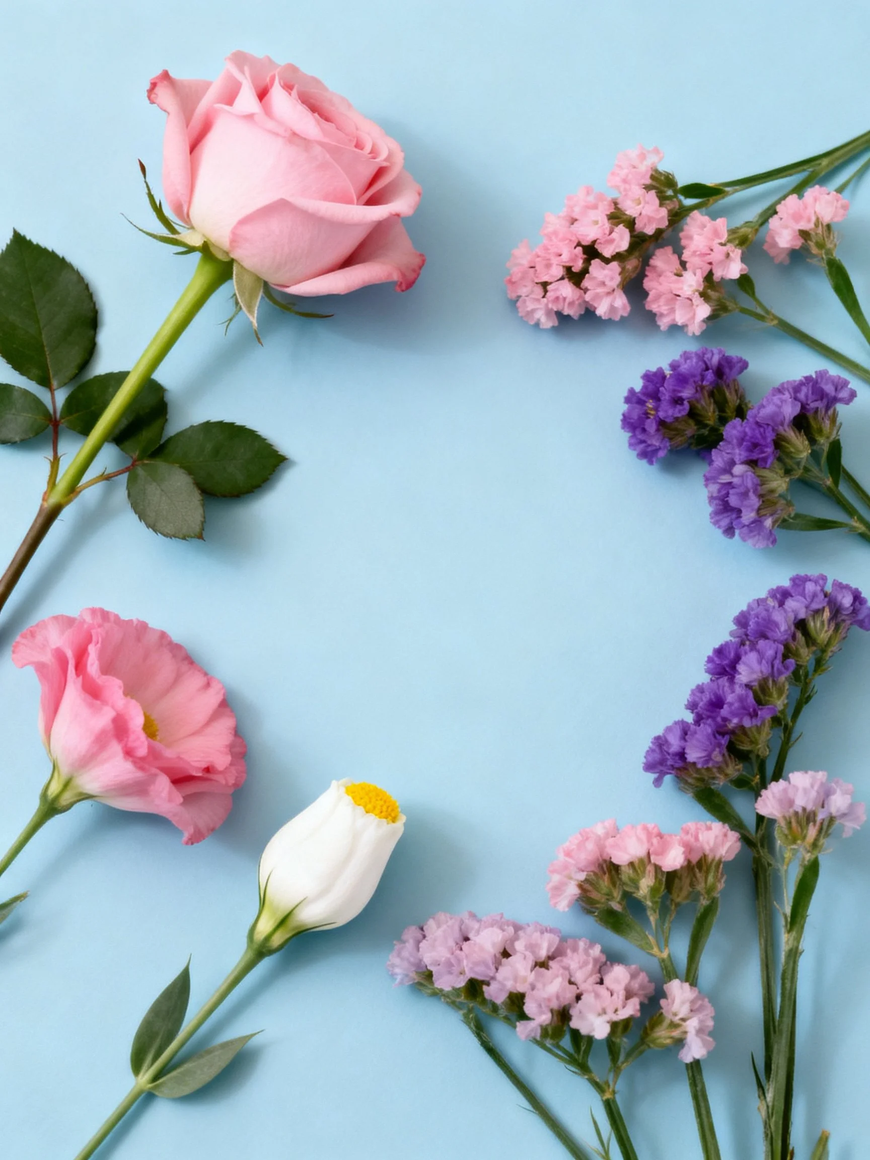 Multiple flower species arranged on a pastel blue surface
