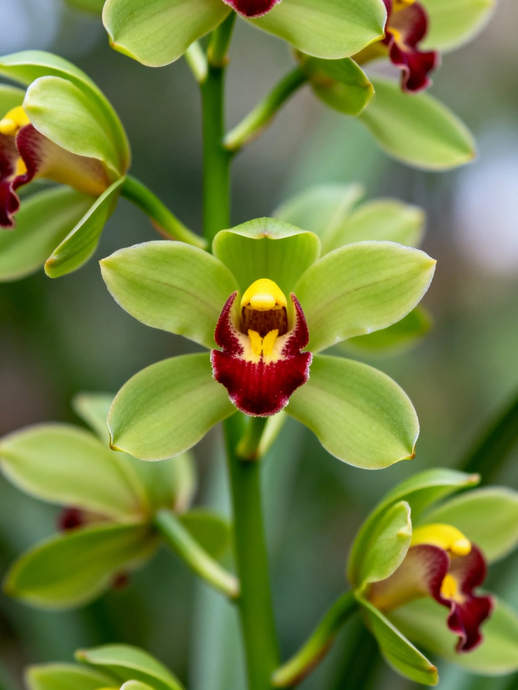 Multiple green orchid blooms with maroon and yellow centers