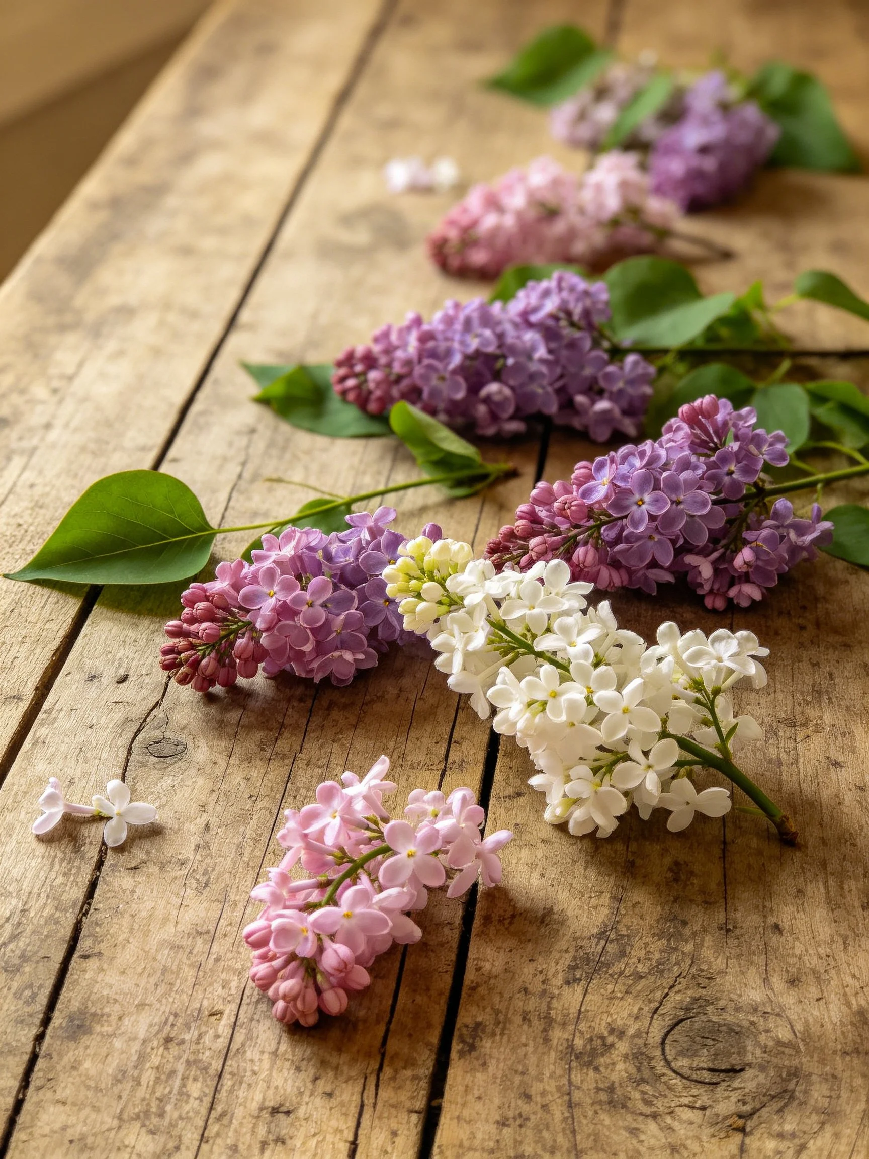 Multiple lilac blooms in purple, pink, white on weathered wooden planks