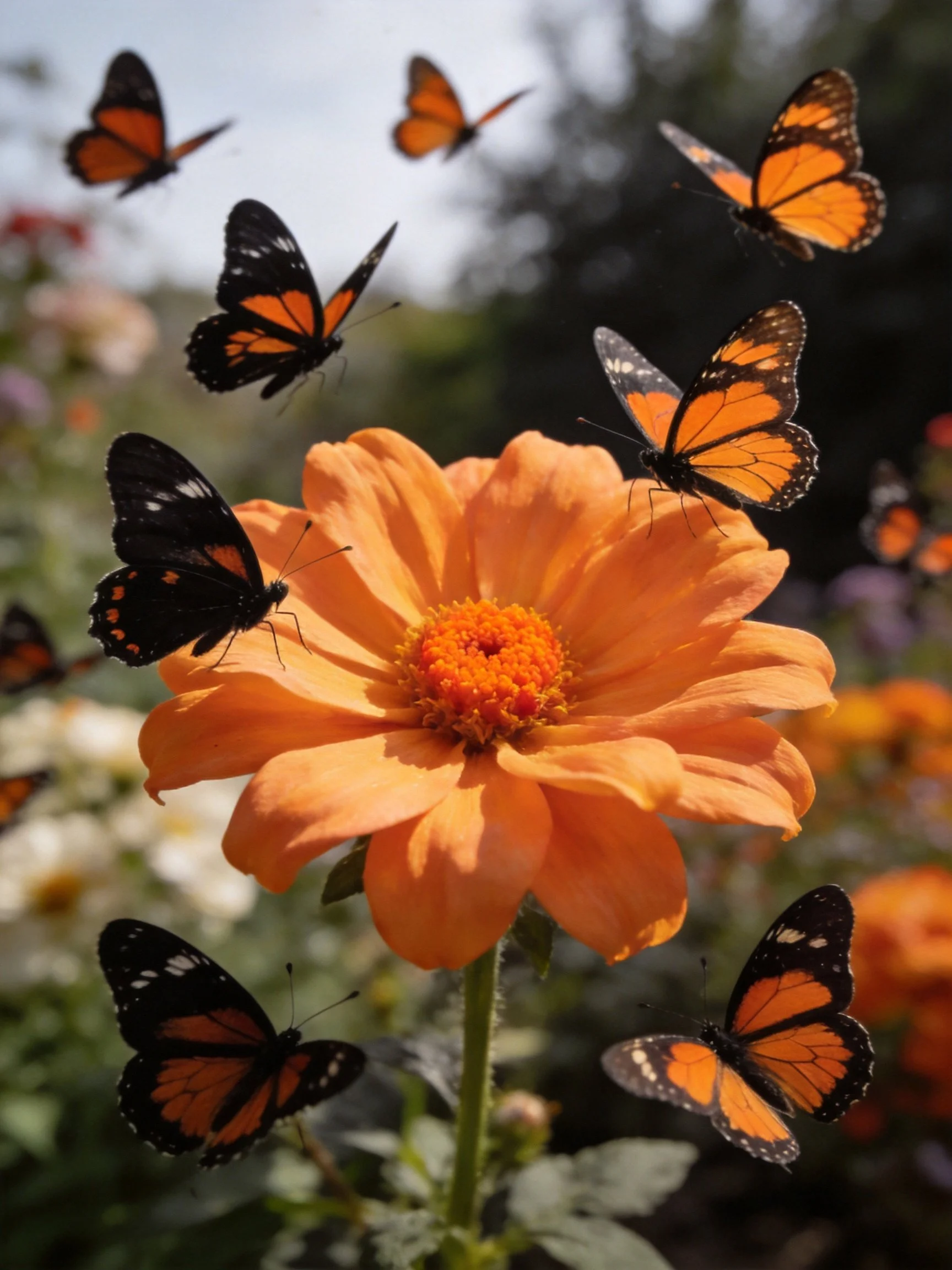 Multiple monarch - like butterflies surround a large orange flower