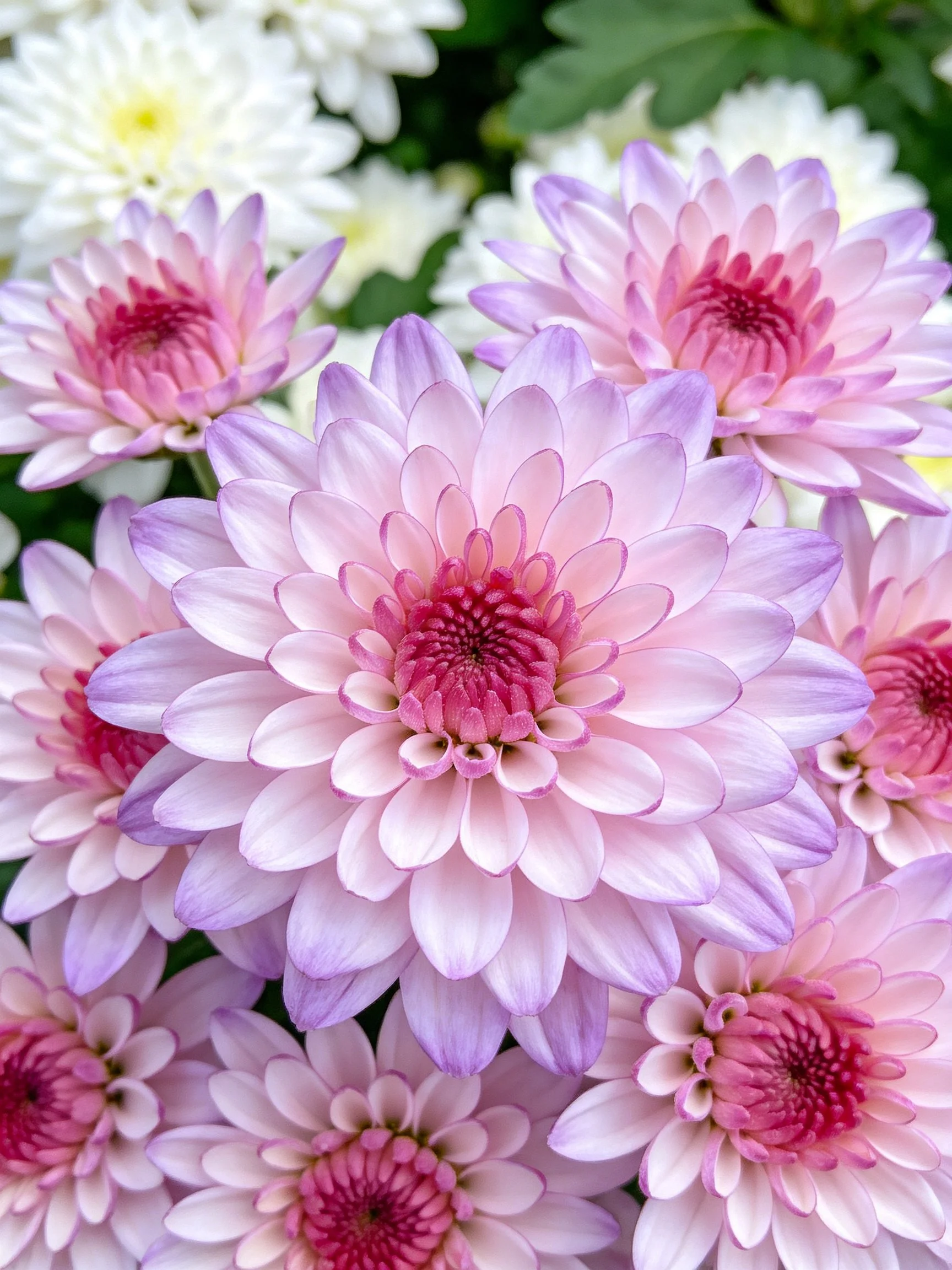 Multiple pastel-colored chrysanthemums clustered closely together