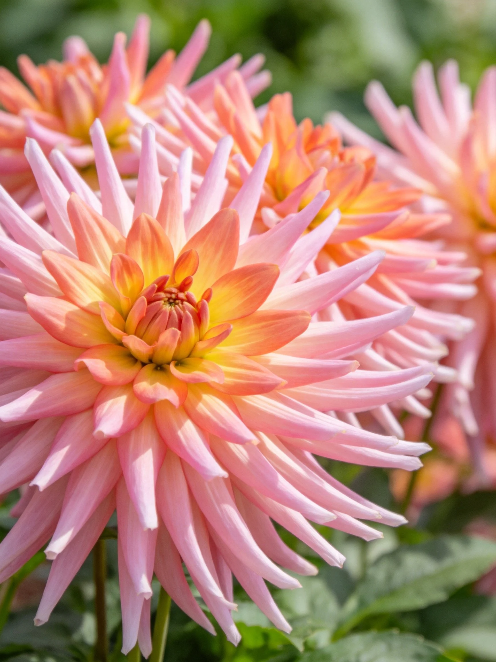 Multiple pink and orange dahlias bloom densely with layered petals