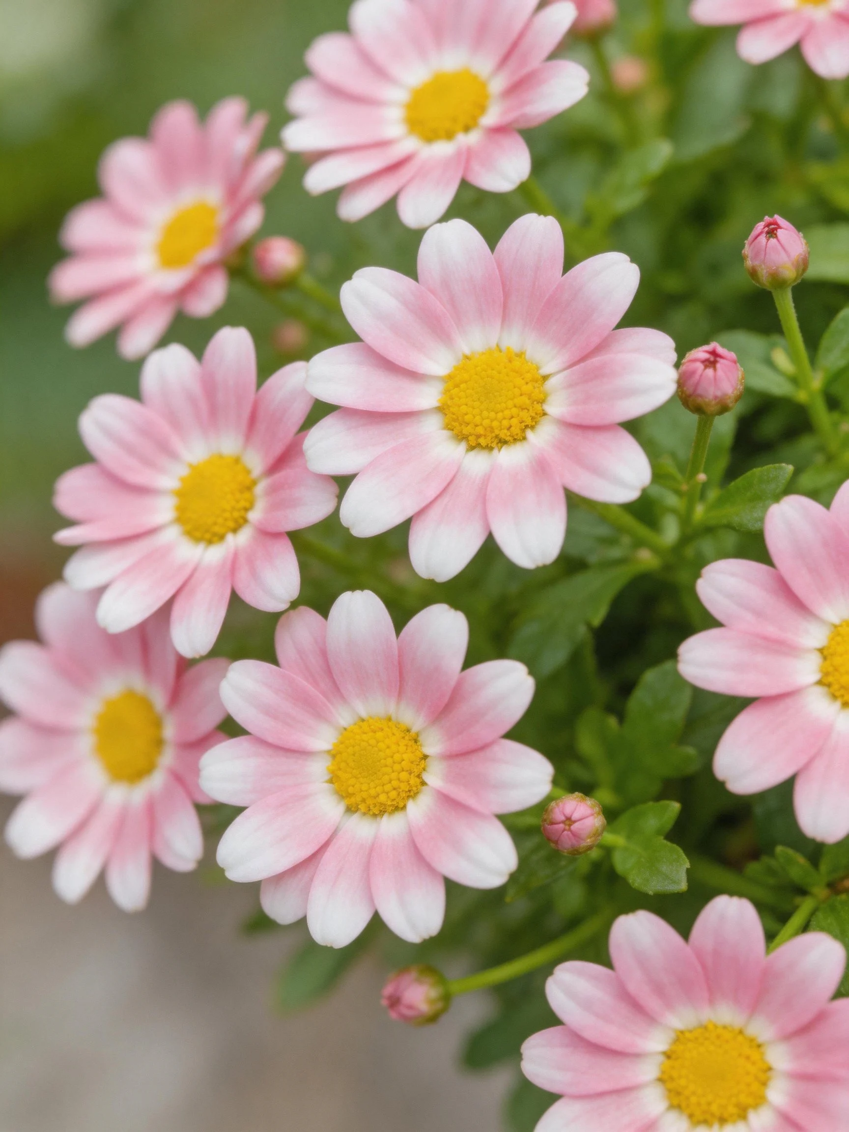 Multiple pink and white daisy flowers with yellow centers amid green leaves