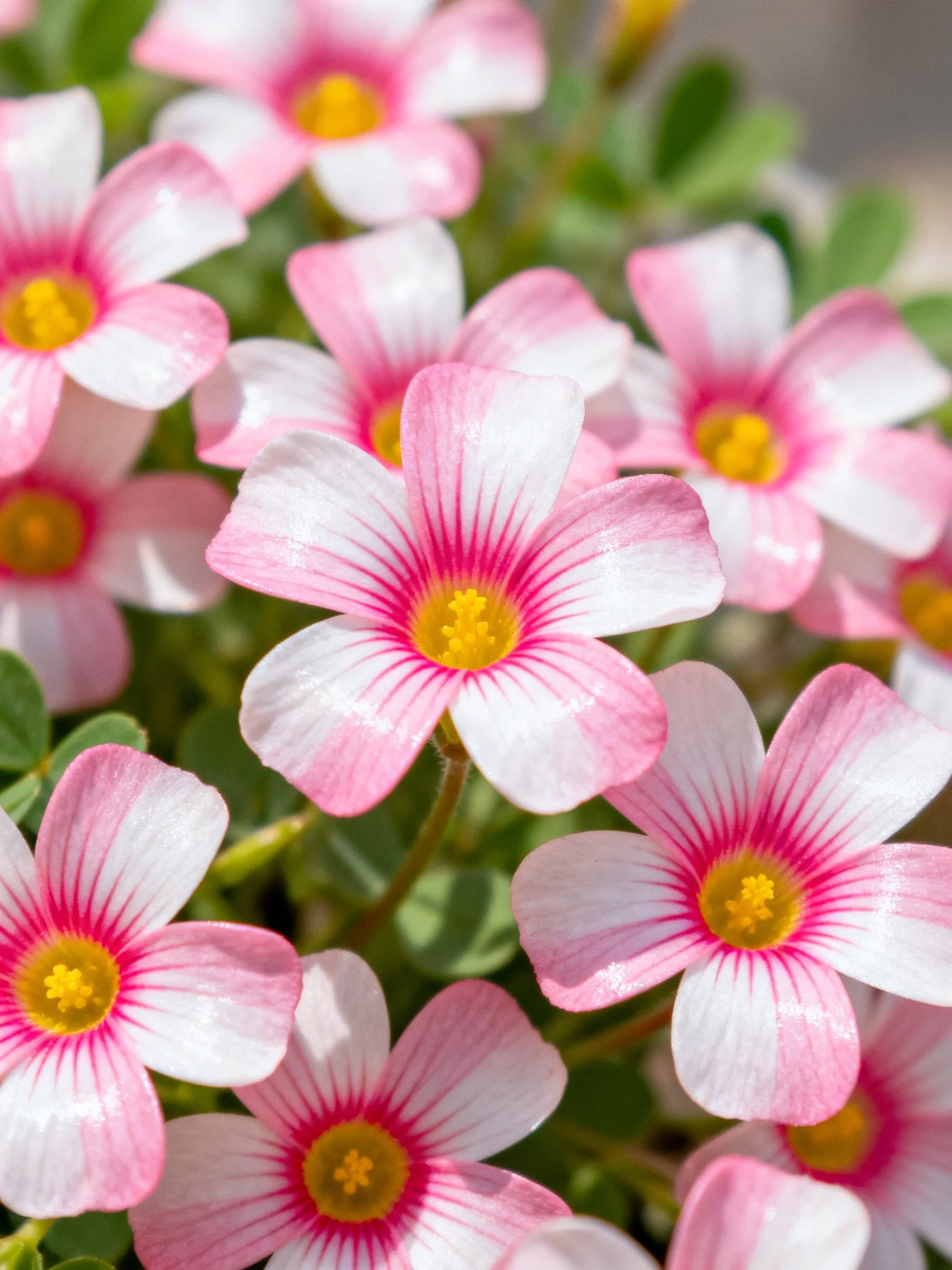 Multiple pink and white flowers with yellow centers clustered among green foliage