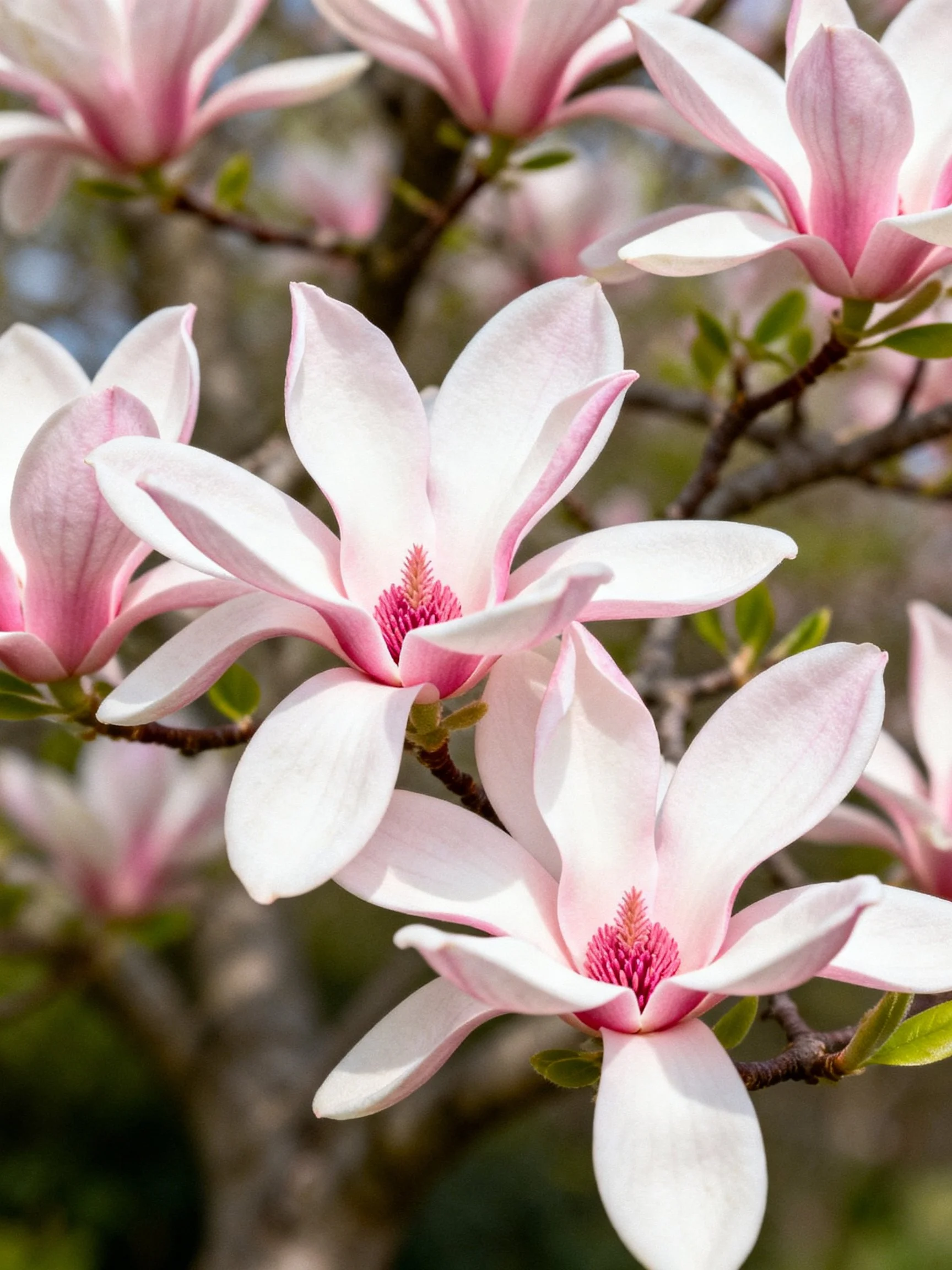 Multiple pink and white magnolia blooms on dark branches