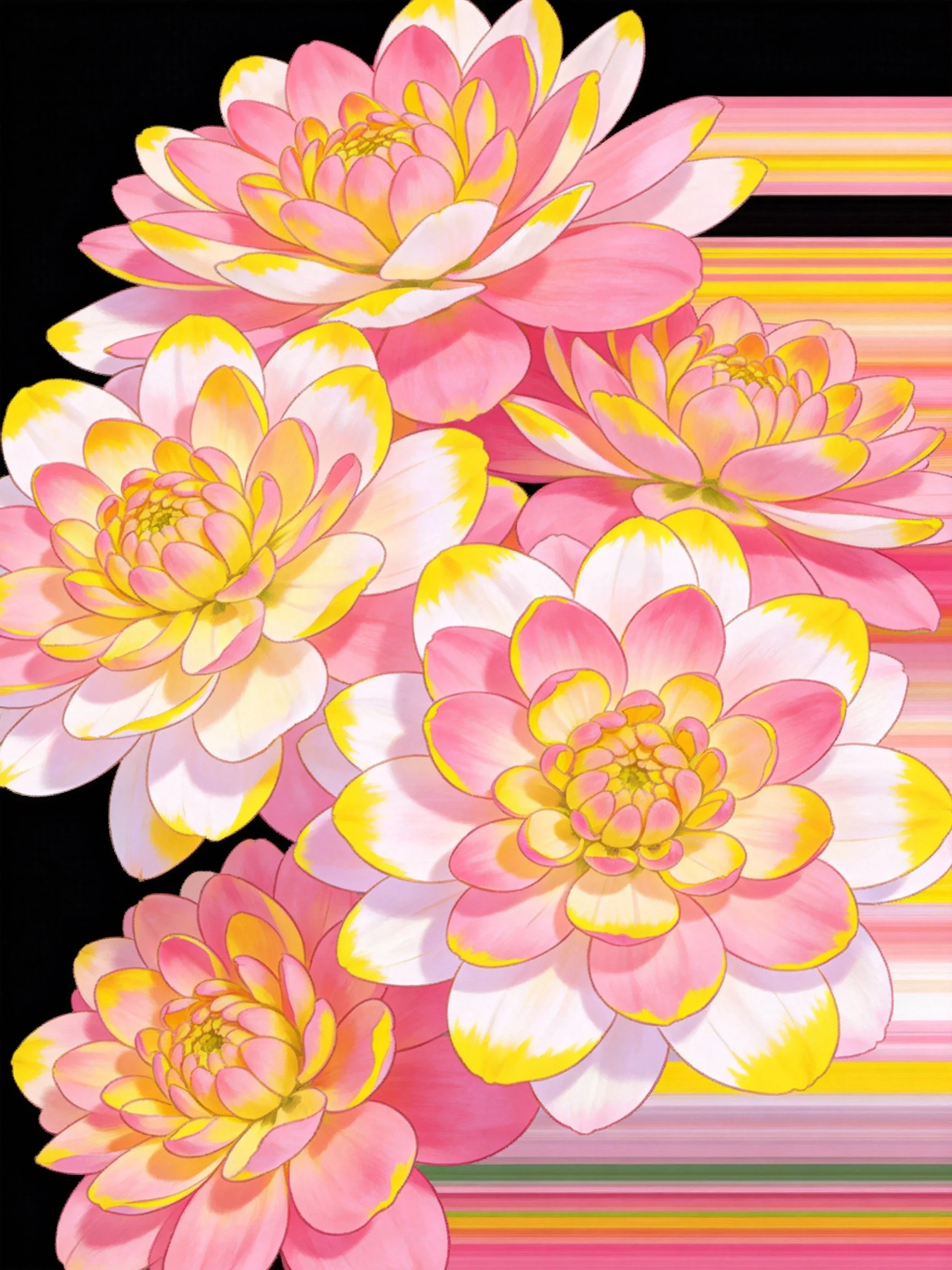 Multiple pink and yellow flowers with vibrant striped background