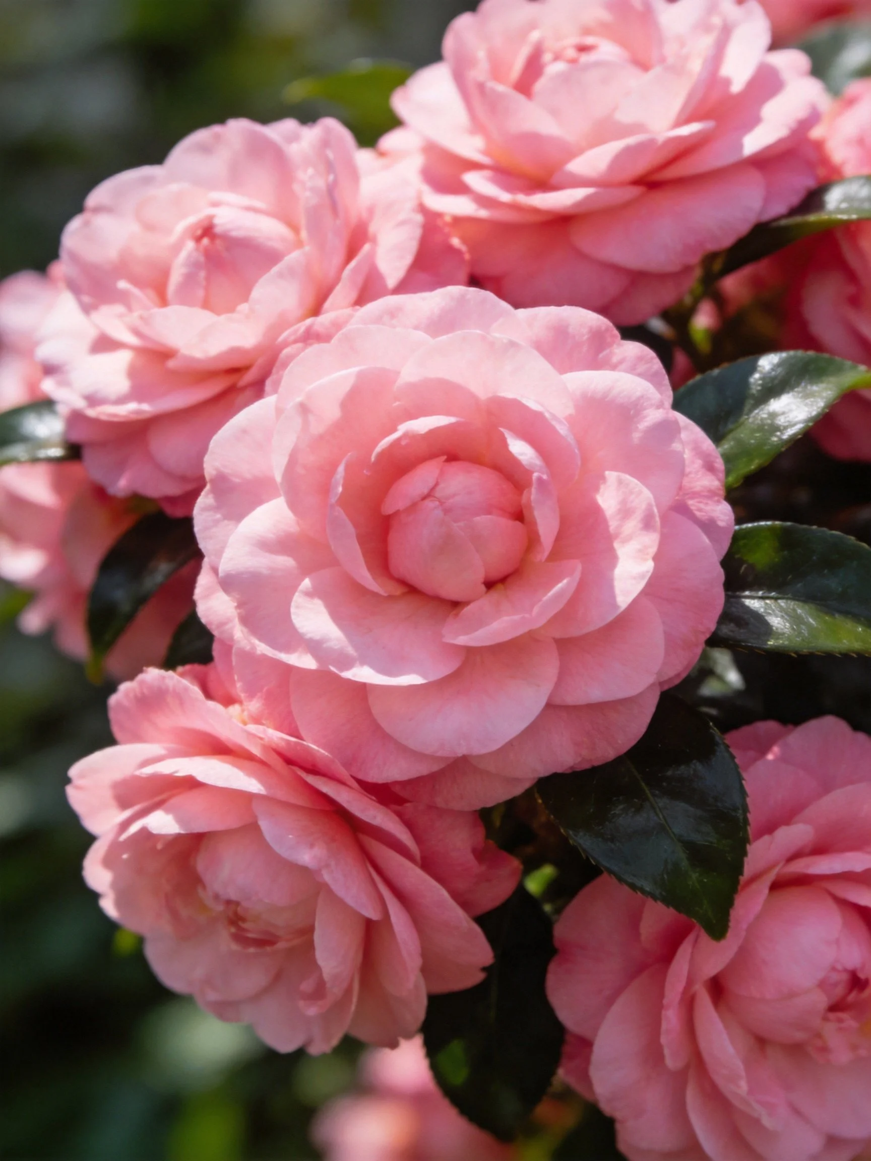 Multiple pink camellia blooms surrounded by glossy dark green leaves
