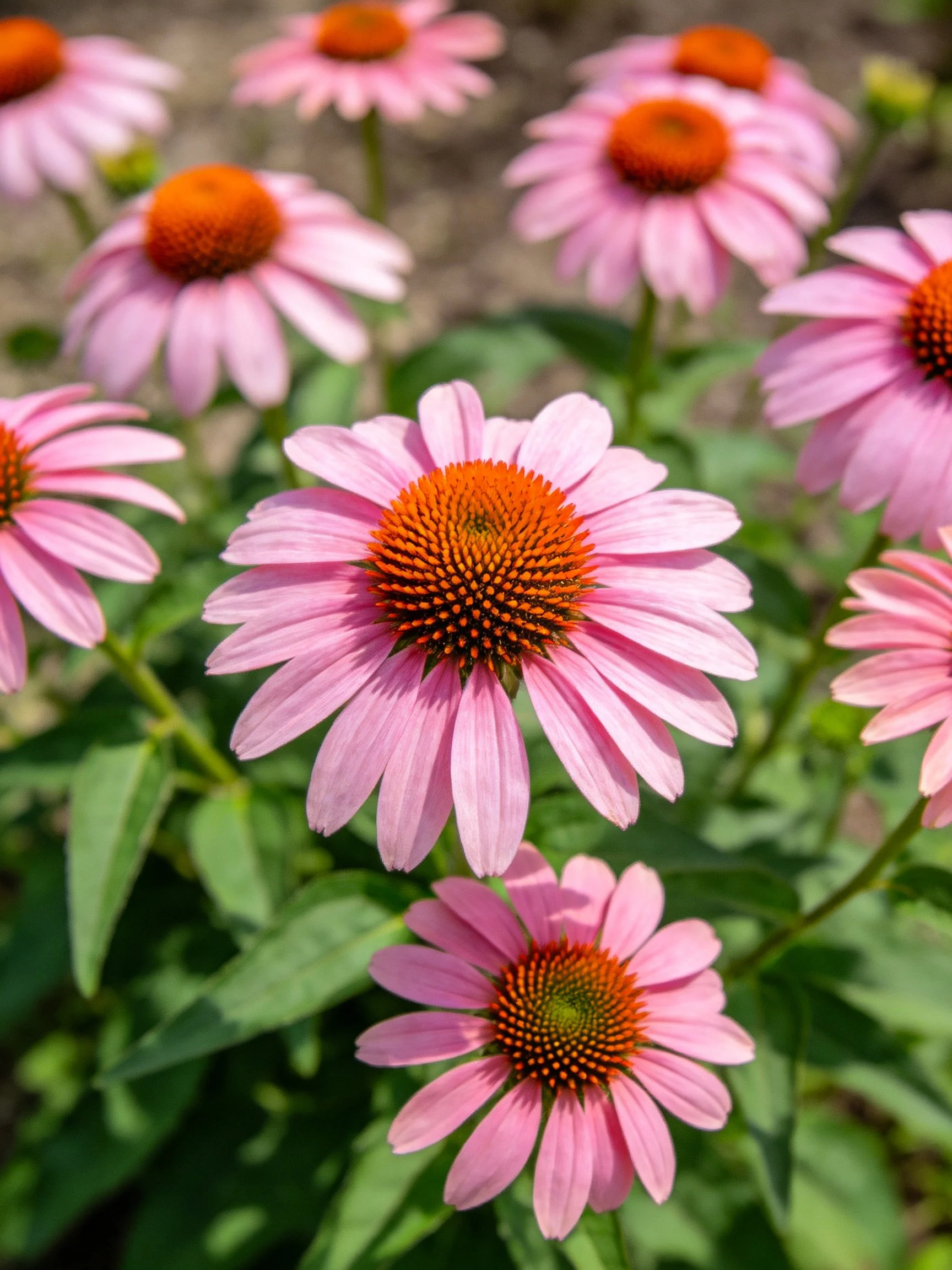 Multiple pink coneflower blooms with orange centers in garden