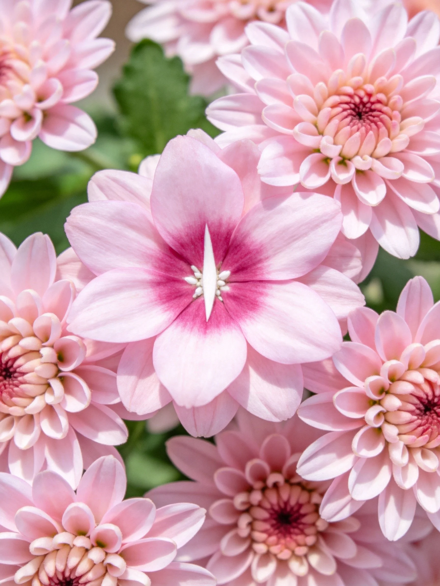 Multiple pink dahlia flowers with magenta center details
