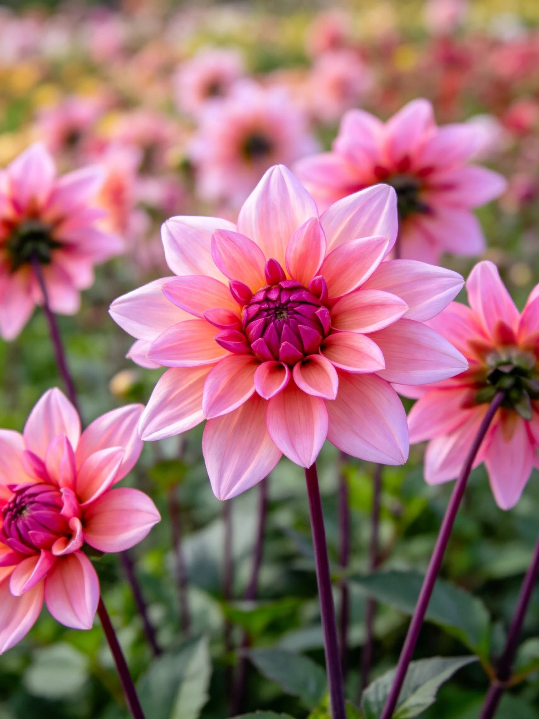 Multiple pink dahlias with deep purple stems in a verdant garden
