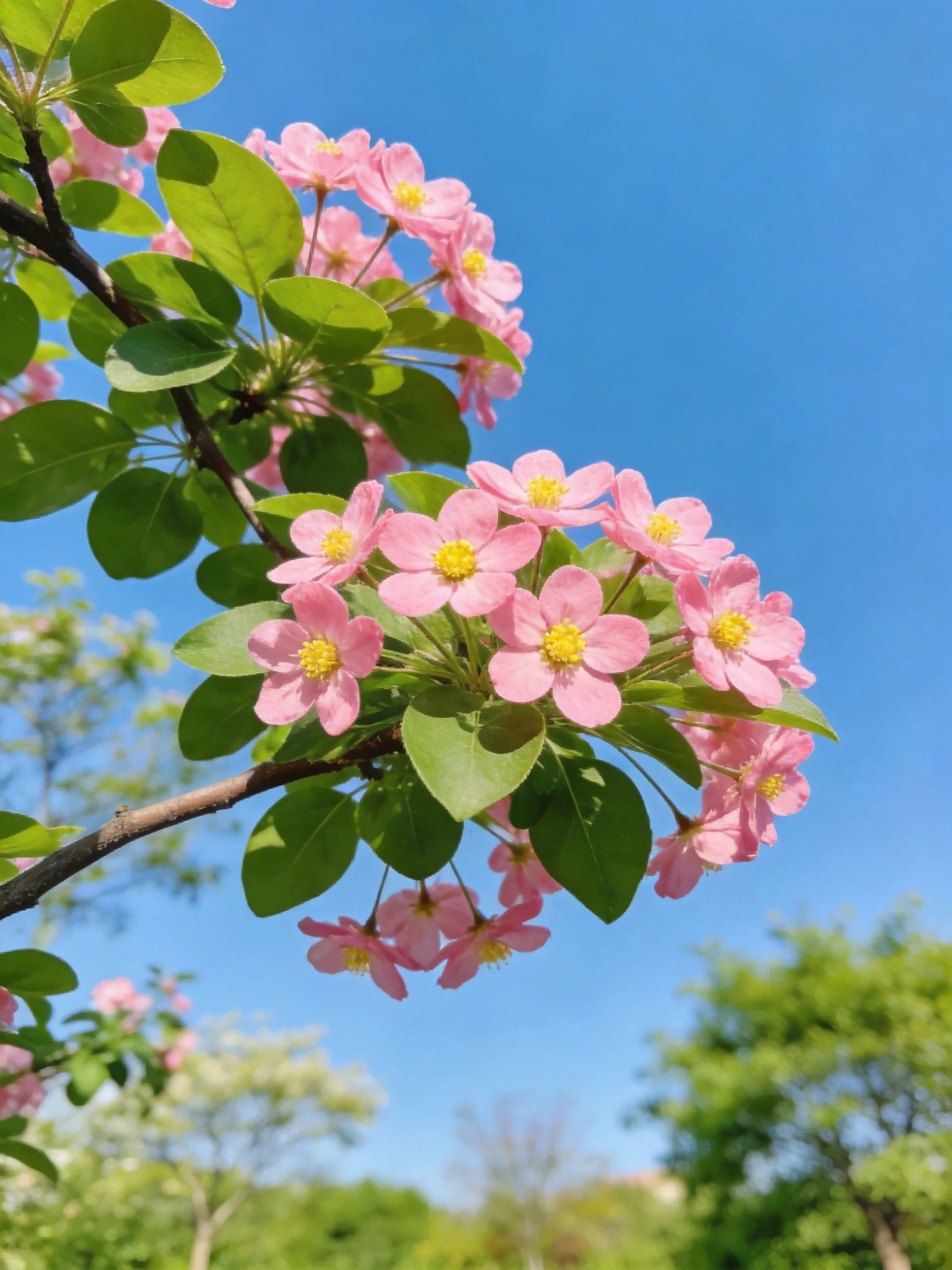 Multiple pink flower clusters with green leaves on branches under clear blue sky