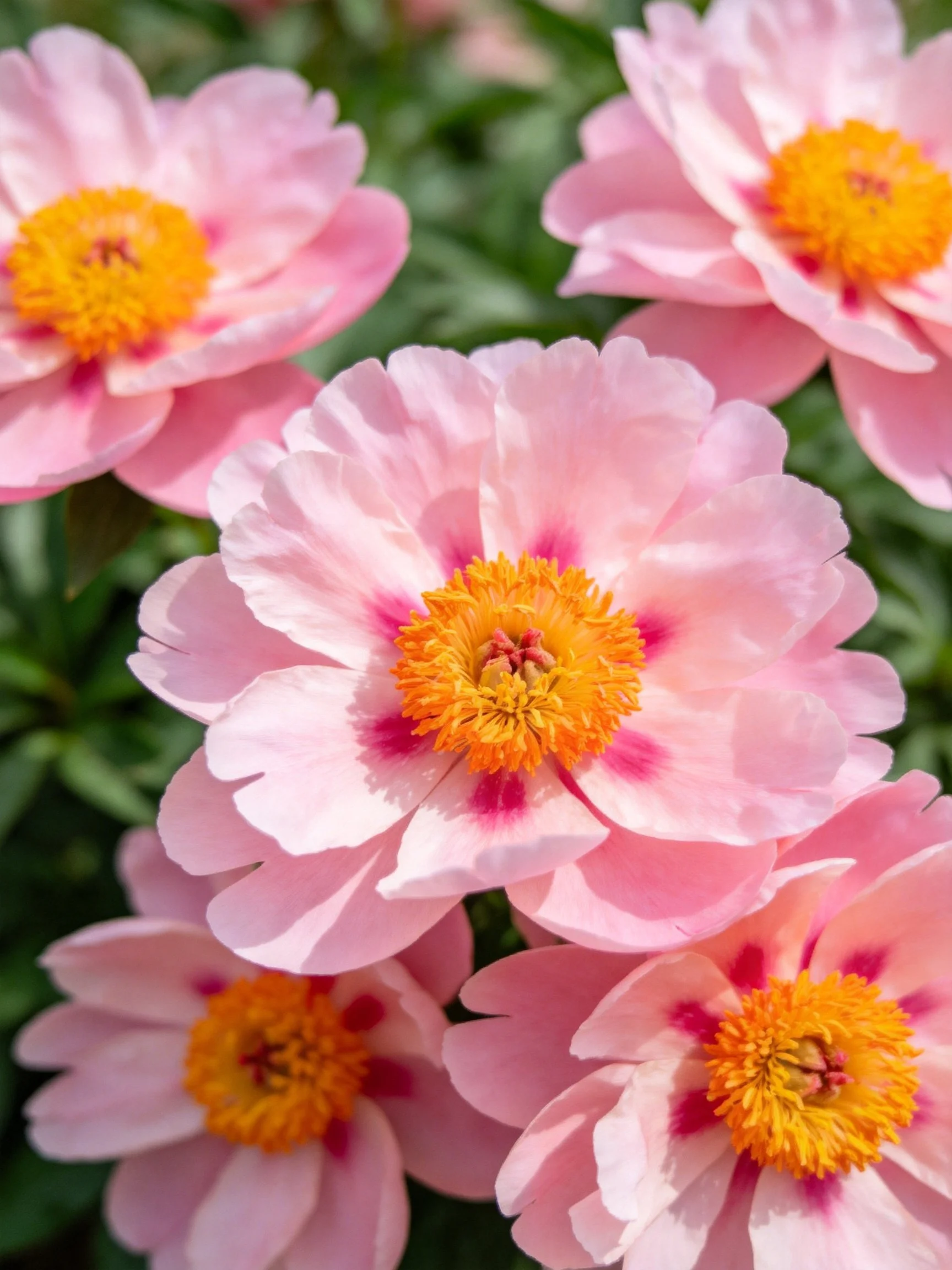 Multiple pink flowers with orange-yellow centers