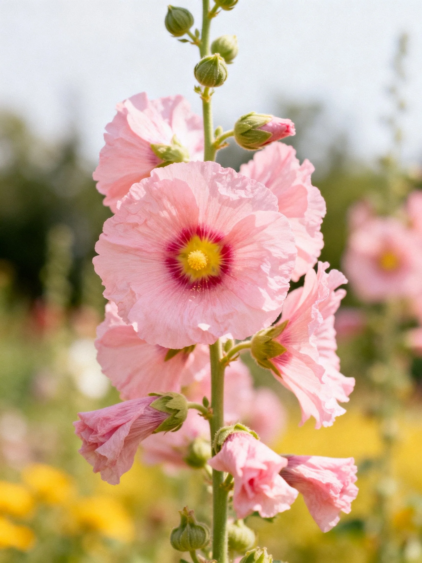 Multiple pink hollyhock blooms on tall green stem