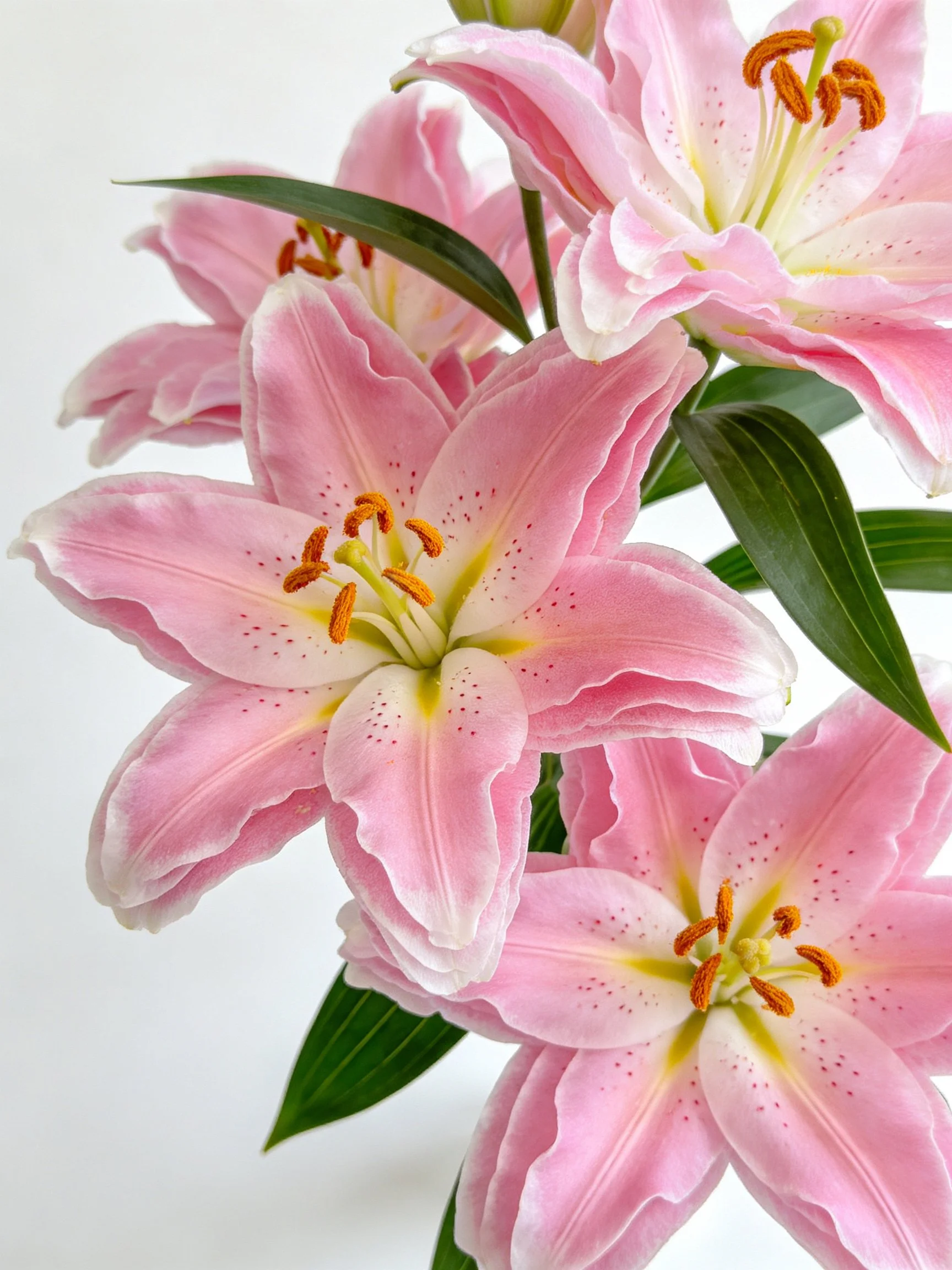 Multiple pink lilies with yellow stamens and green foliage