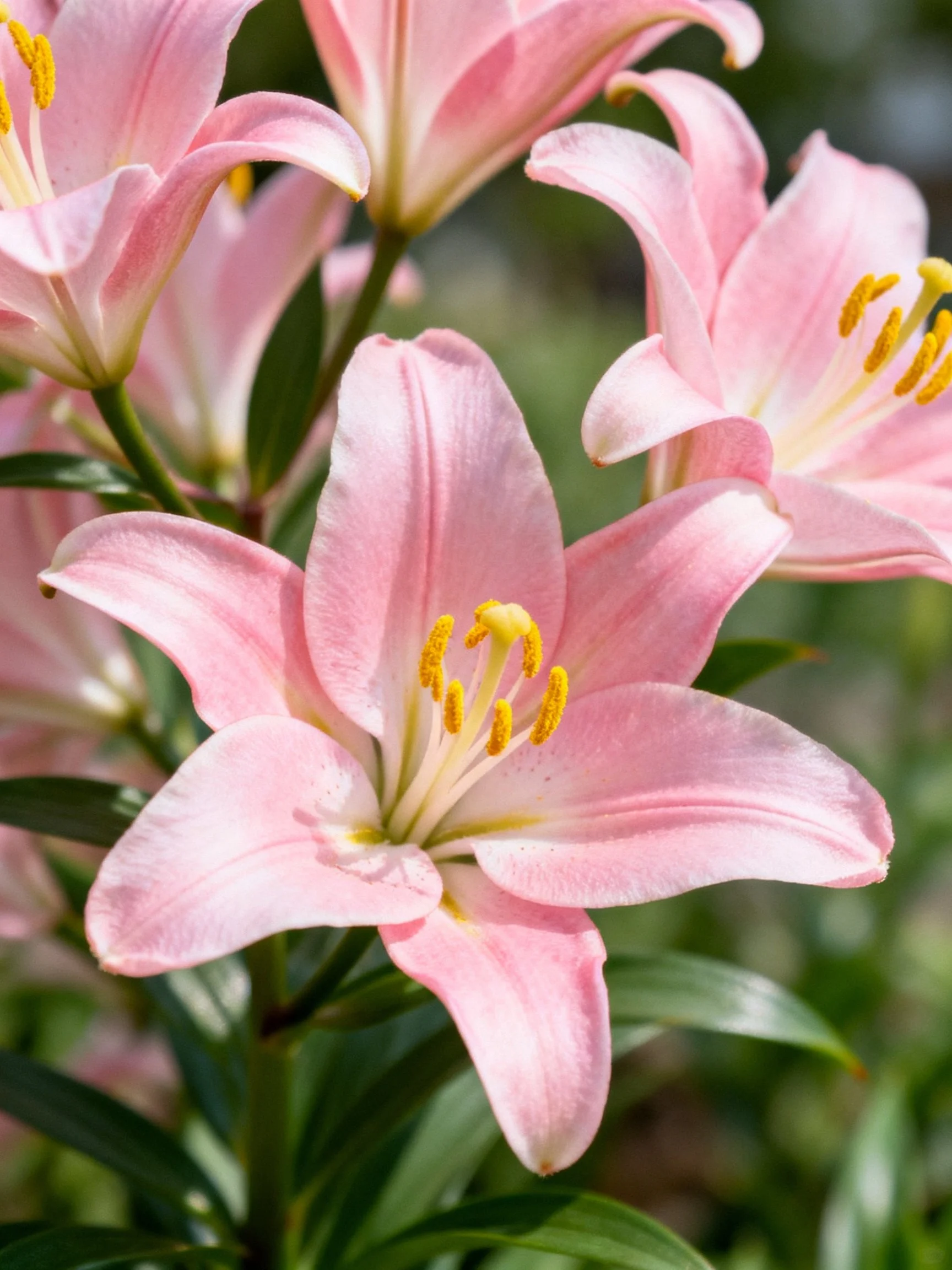 Multiple pink lilies with yellow stamens in full bloom
