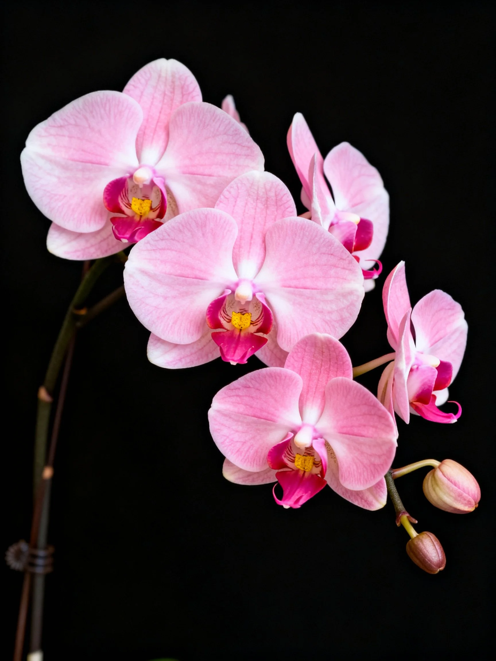 Multiple pink orchid blooms with magenta centers on dark stem