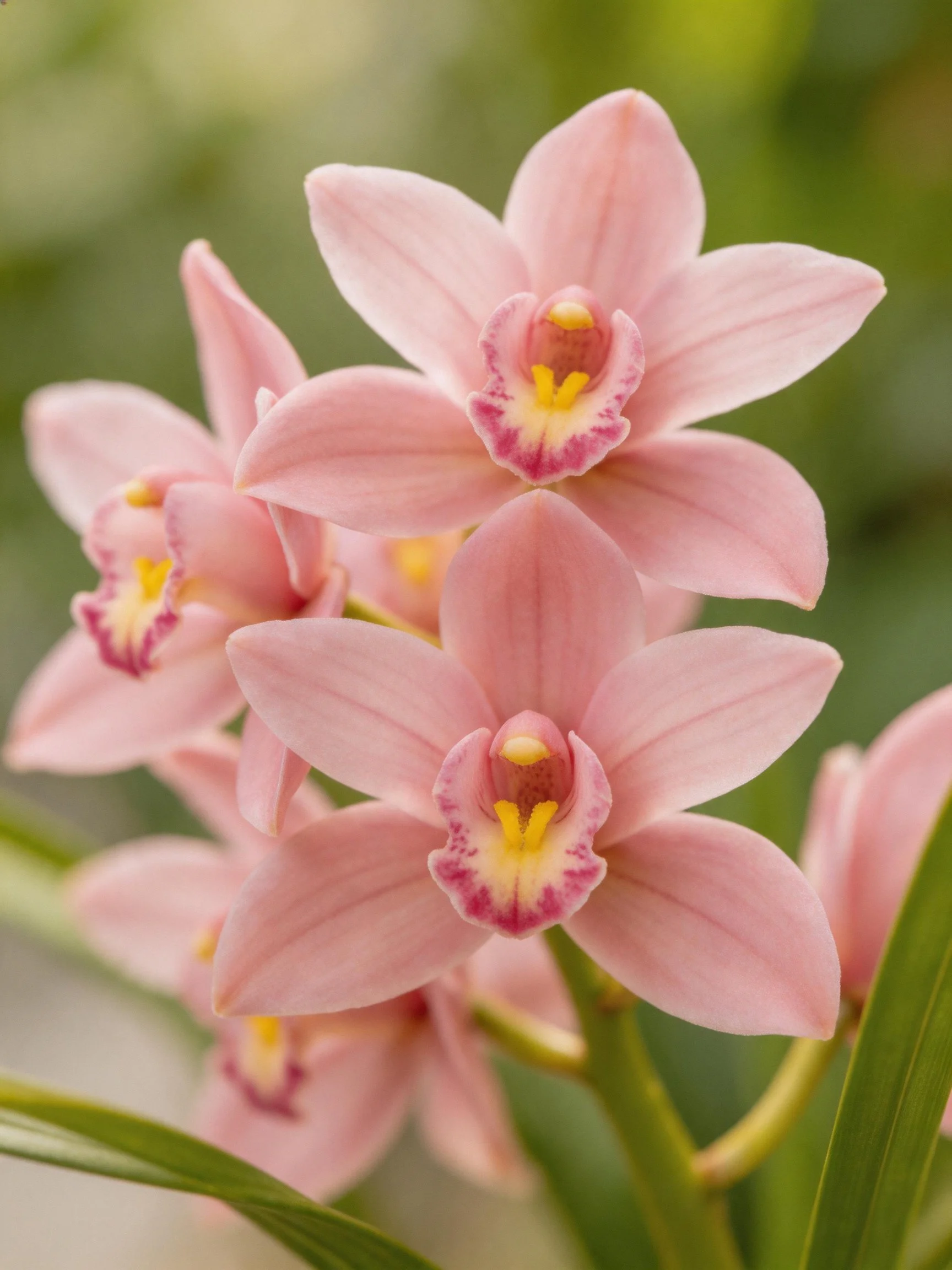 Multiple pink orchid blooms with yellow and purple centers