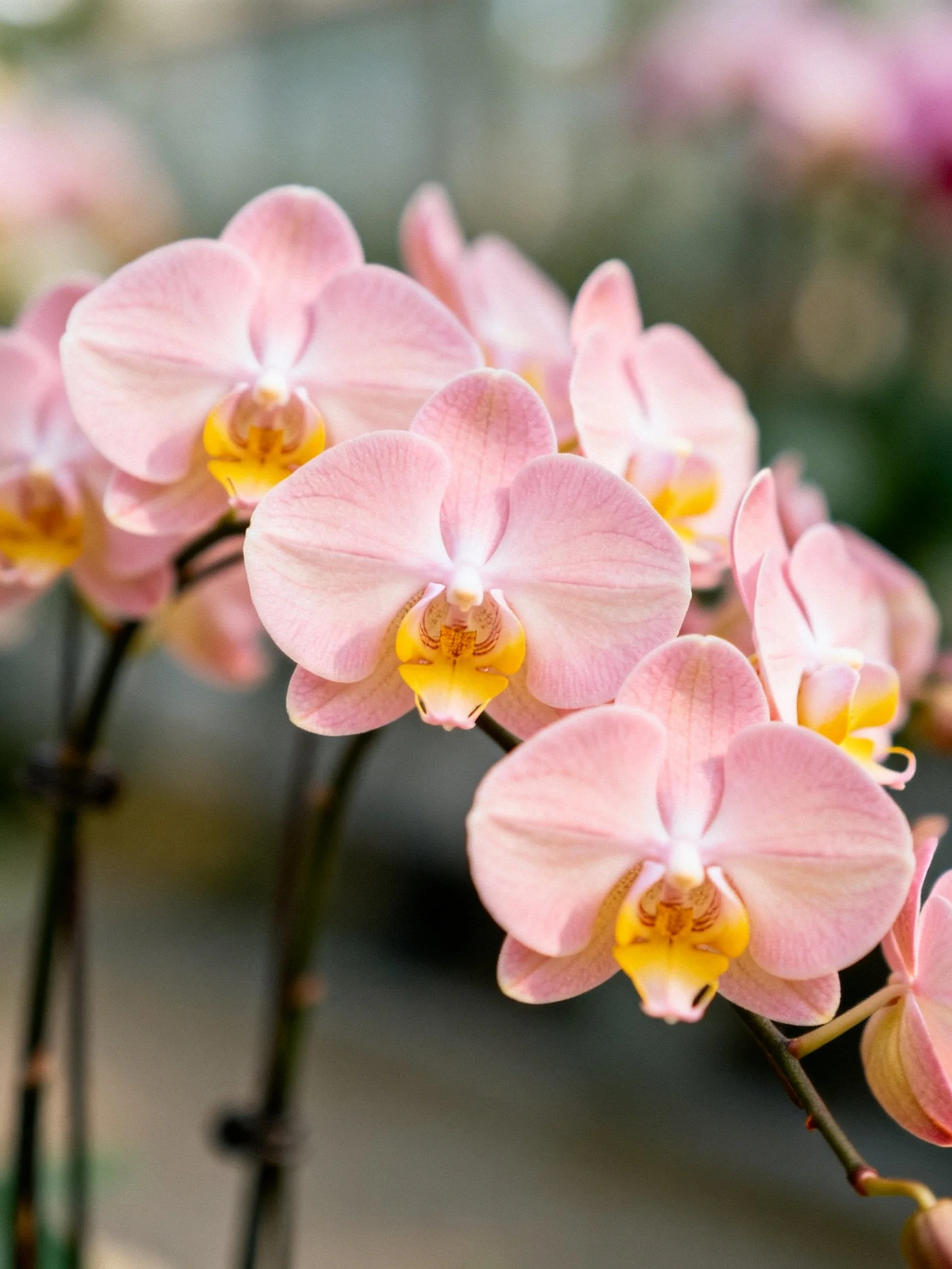 Multiple pink orchid blooms with yellow centers under soft focus