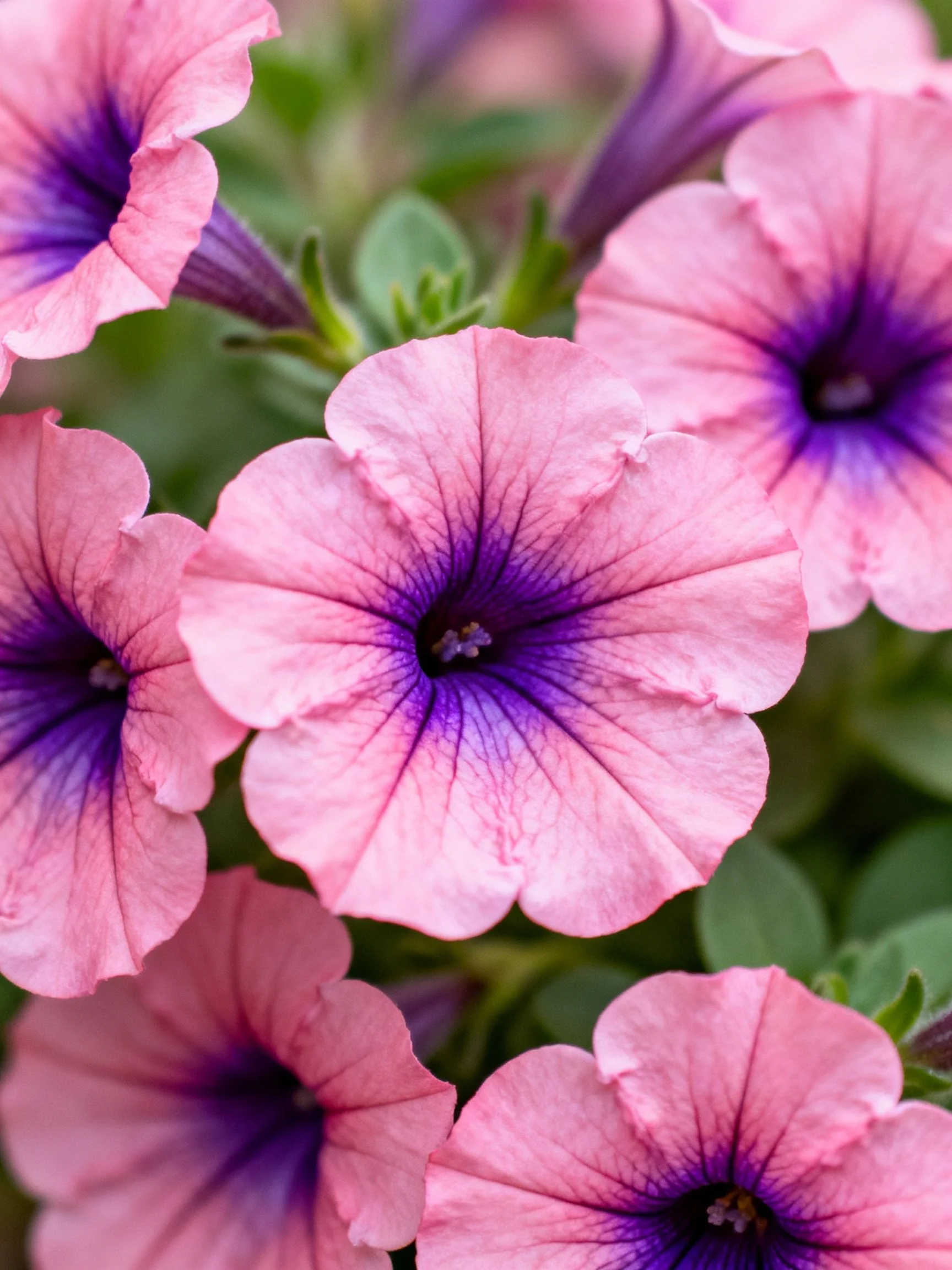 Multiple pink petunias with deep purple centers clustered among green foliage