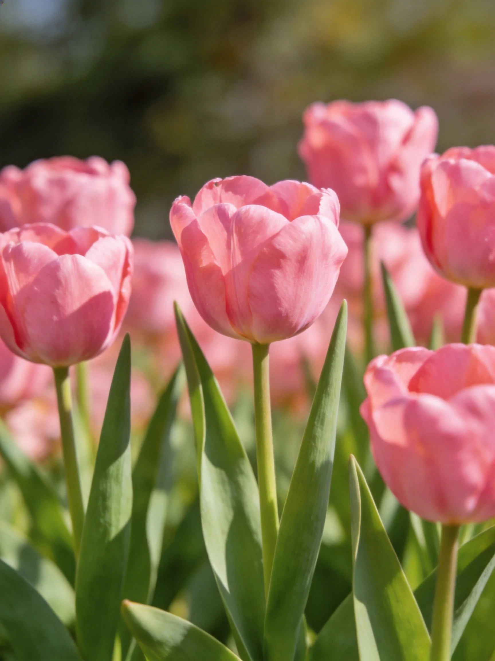 Multiple pink tulips with green leaves in sunlit garden