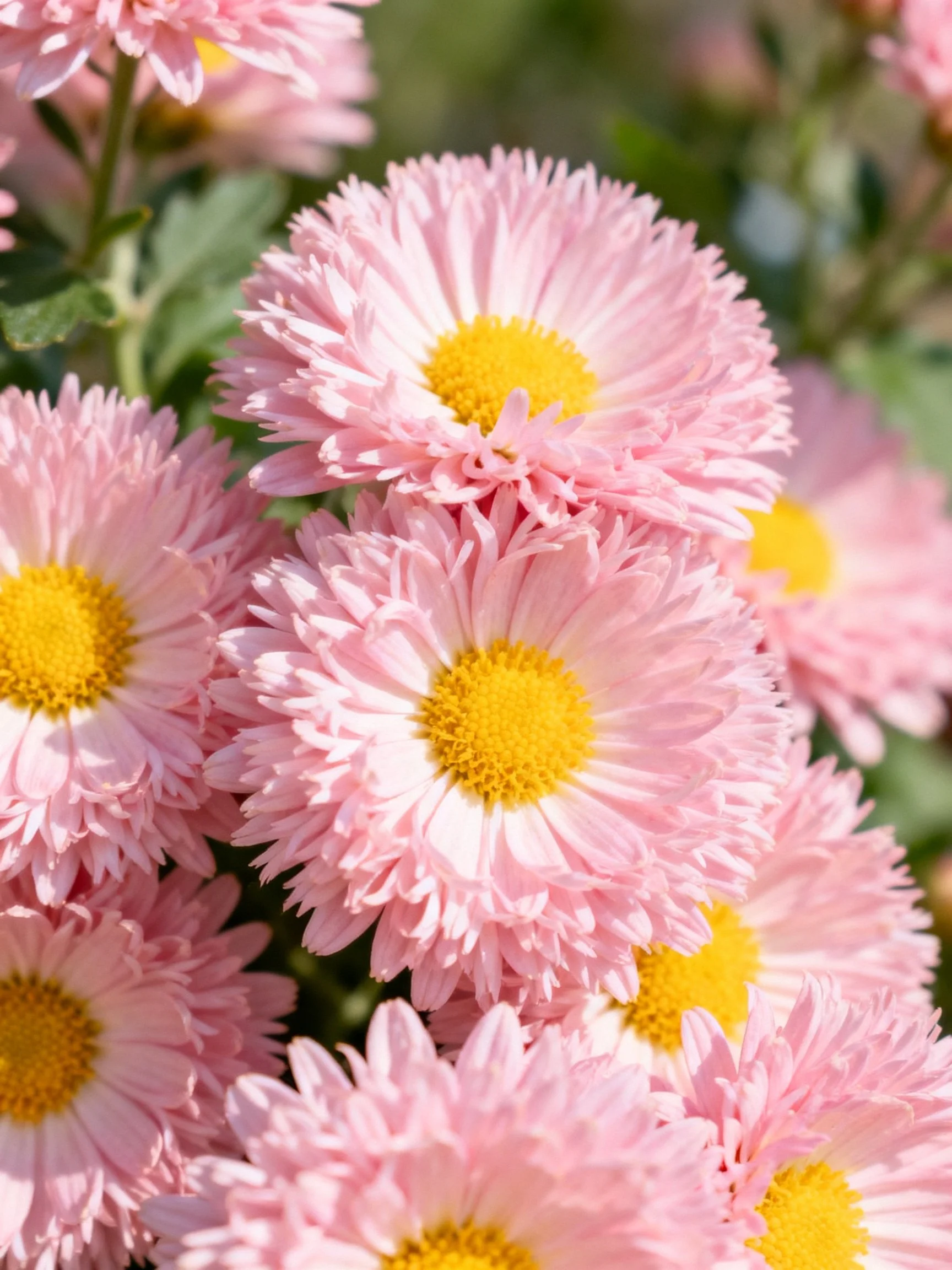 Multiple soft pink chrysanthemums with vibrant yellow centers
