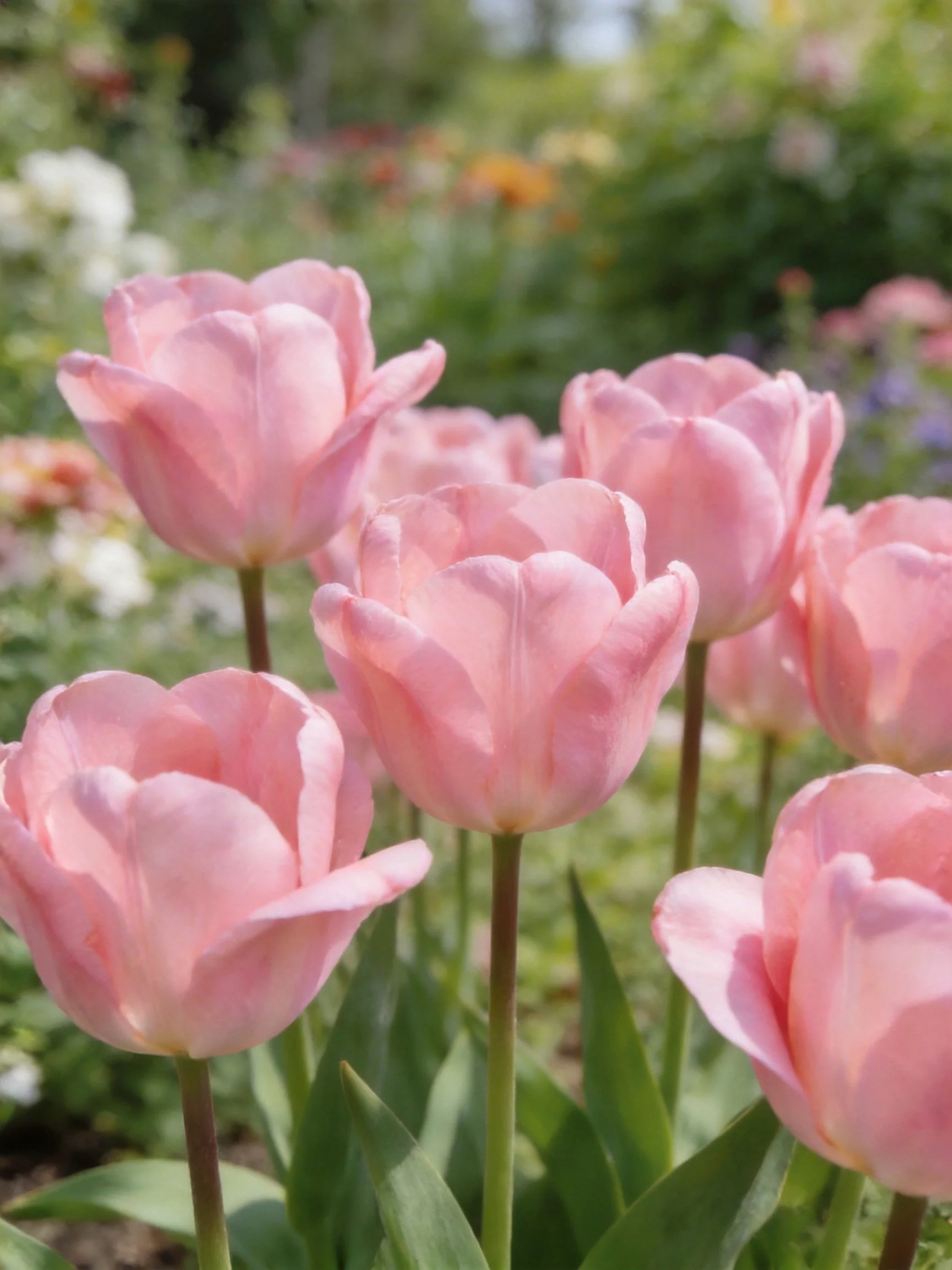 Multiple soft pink tulips bloom in a lush garden