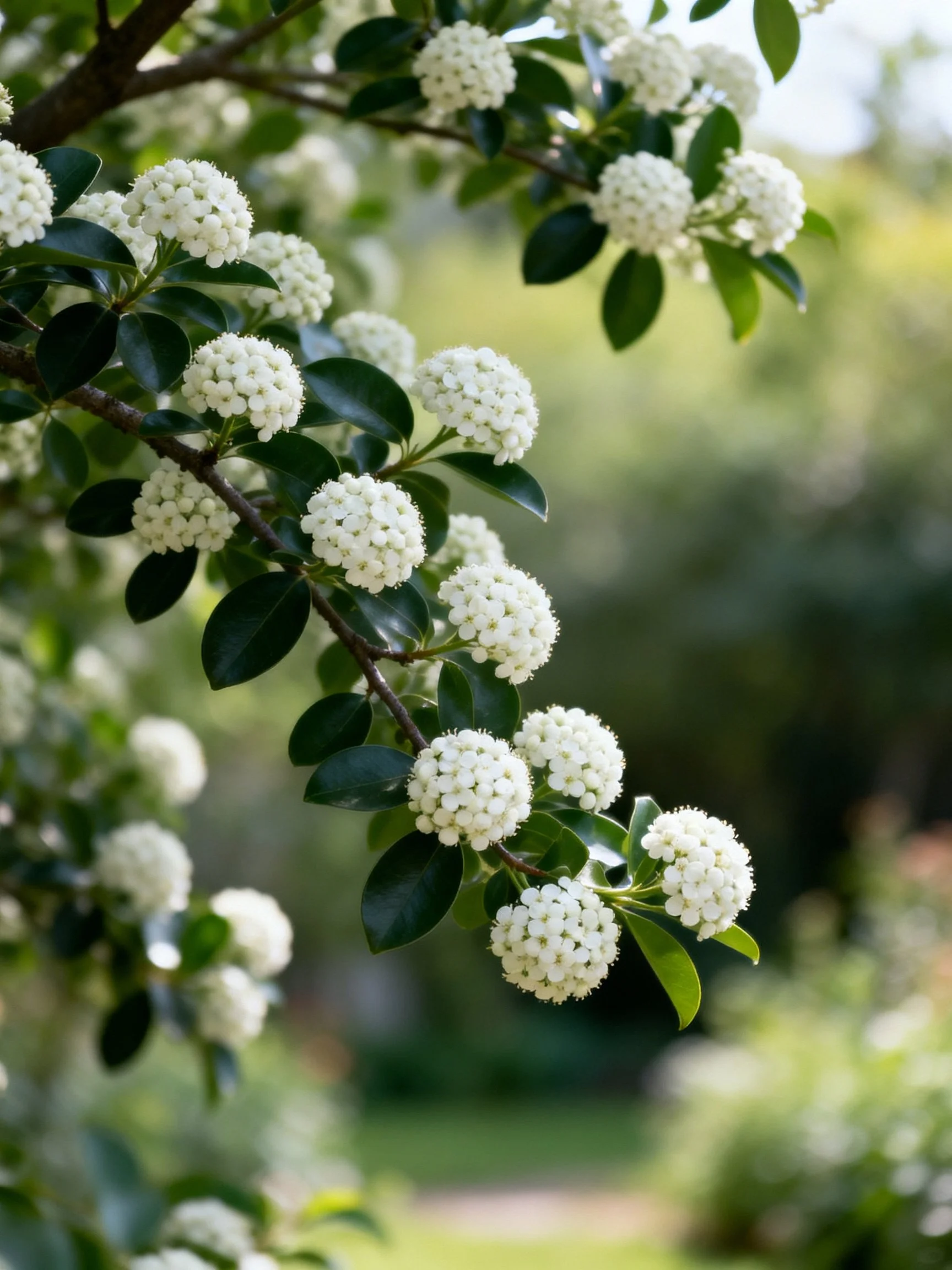 Multiple spherical white flower clusters grow on branches with glossy dark green leaves