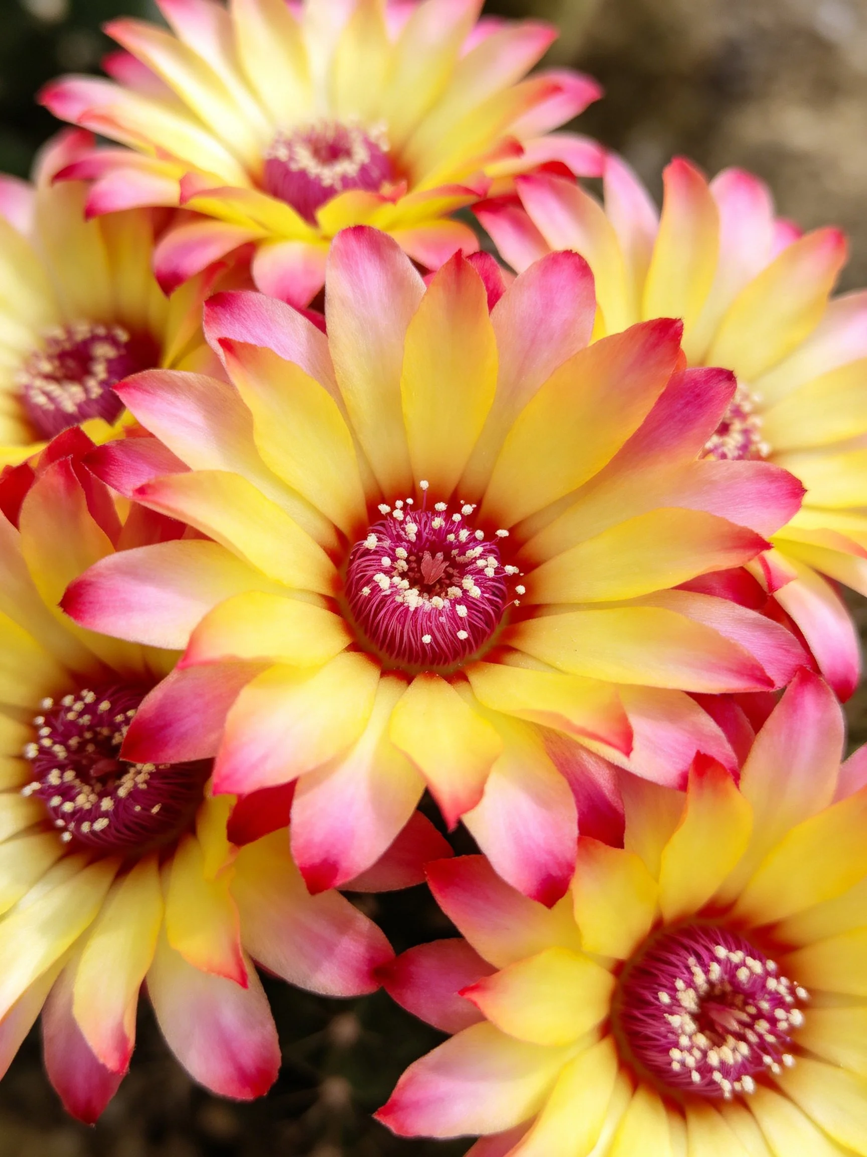 Multiple vibrant cactus flowers with yellow-pink petals and magenta centers