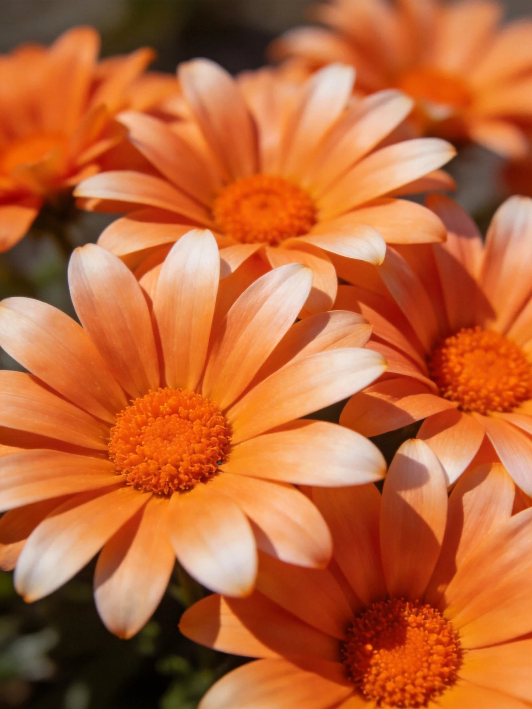 Multiple vibrant orange daisies densely clustered under sunlight