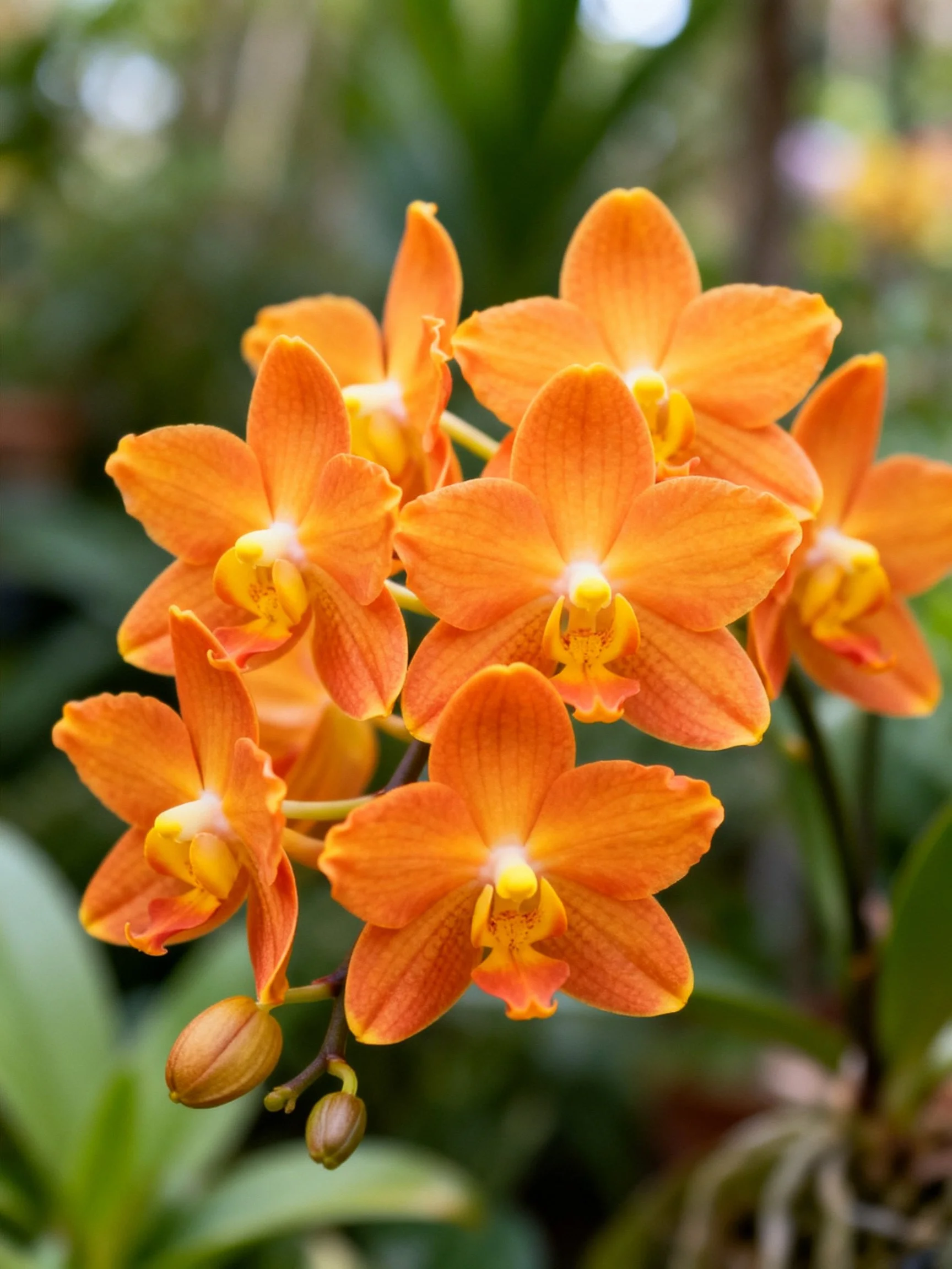 Multiple vibrant orange orchids with yellow centers and green foliage