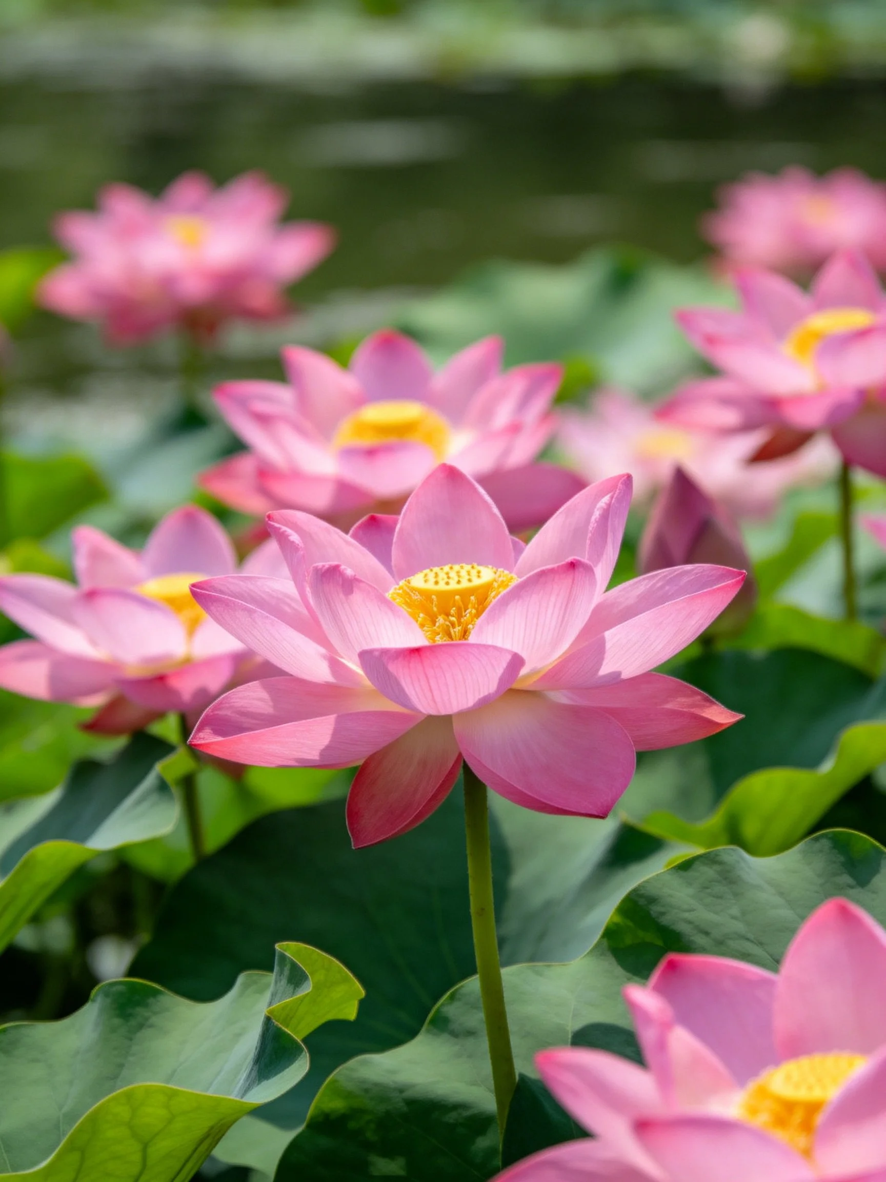 Multiple vibrant pink lotus flowers among lush green foliage