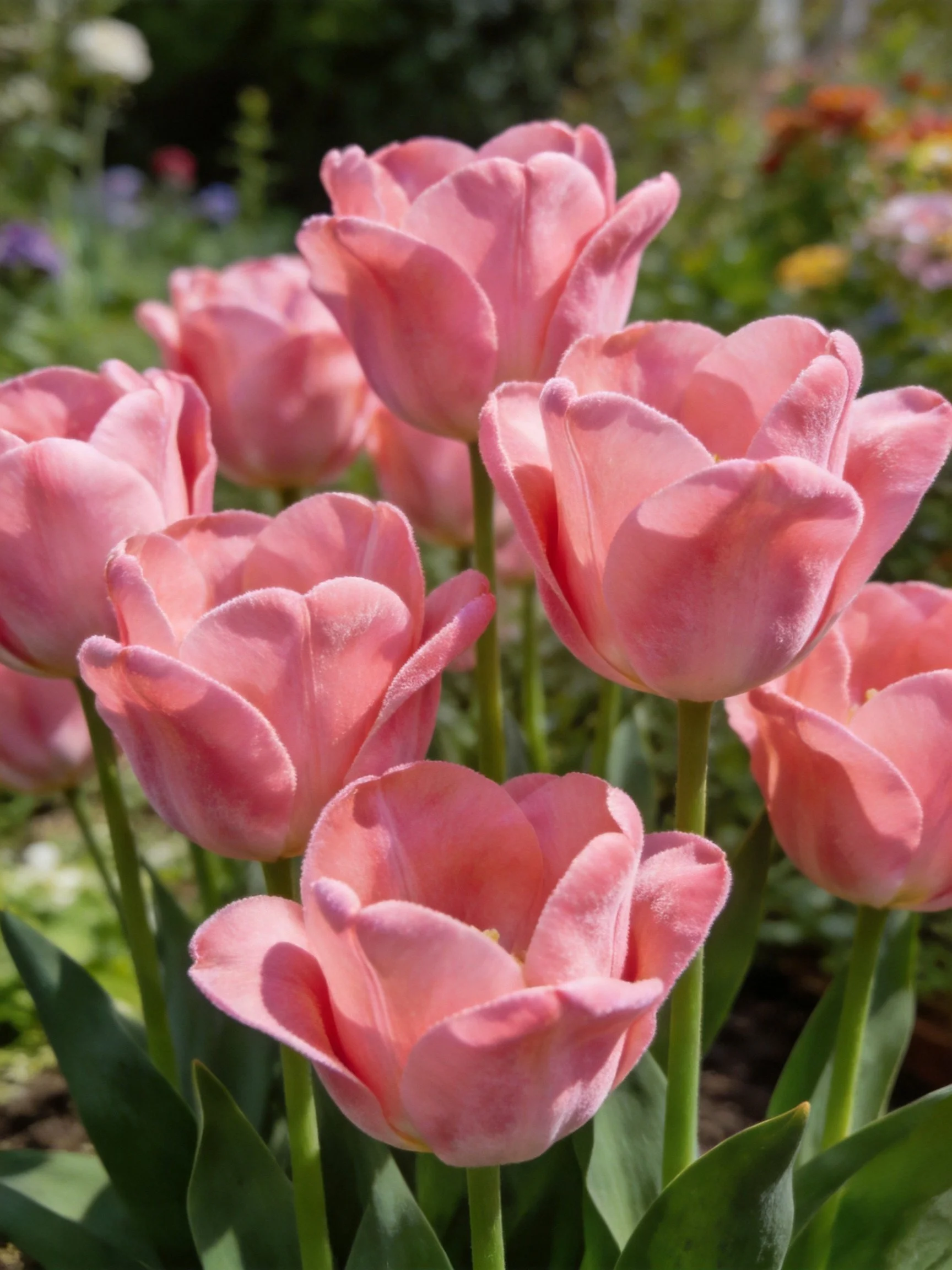 Multiple vibrant pink tulips clustered in a sunlit garden