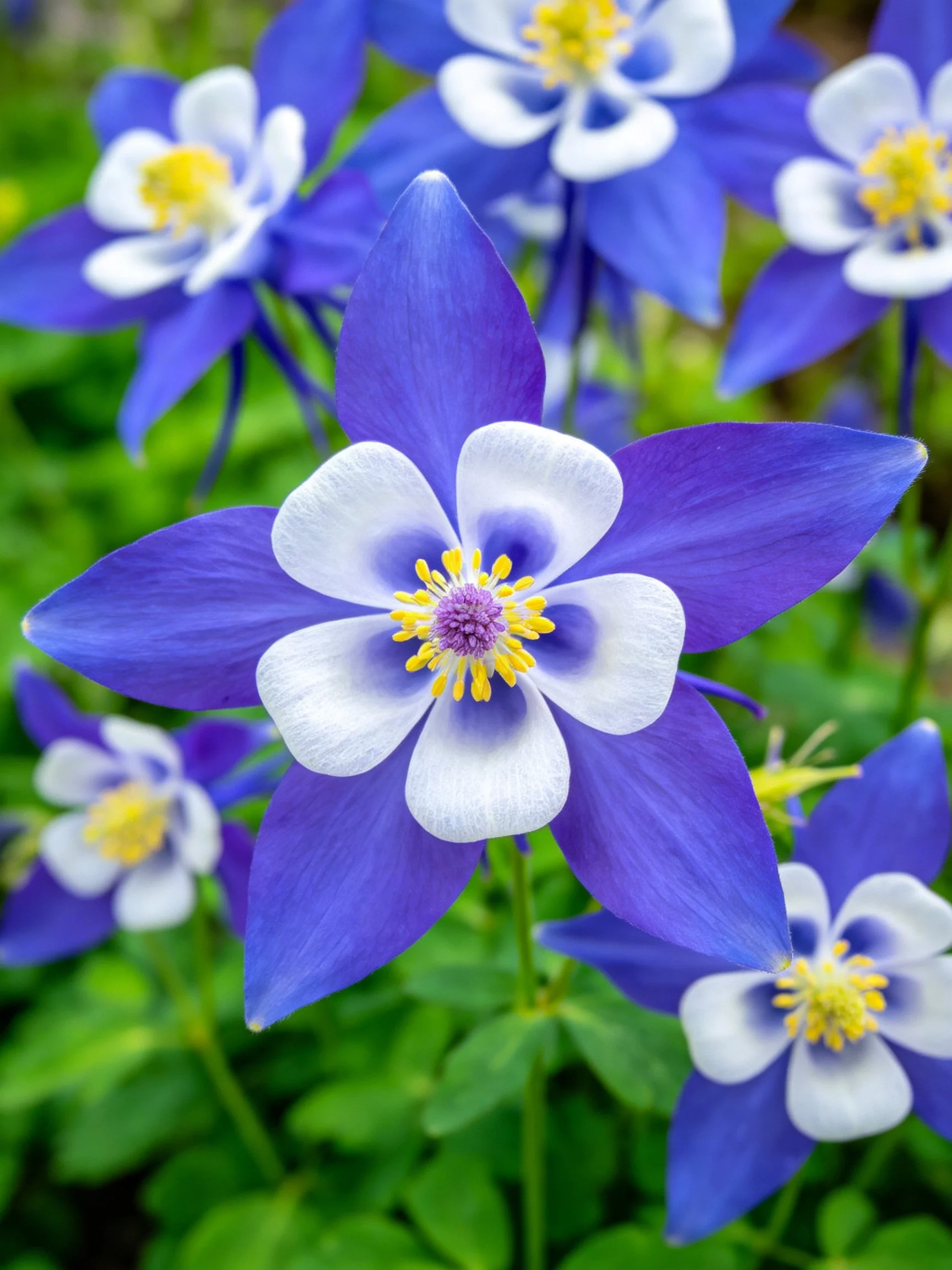 Multiple vibrant purple and white columbine flowers with yellow centers