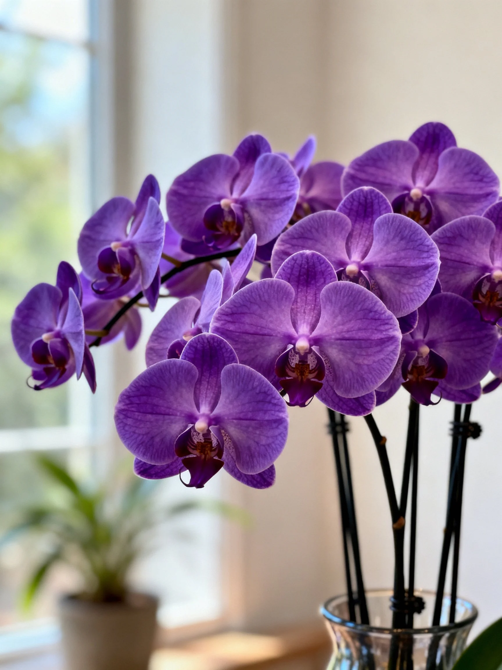 Multiple vibrant purple orchids in a glass vase near a bright window