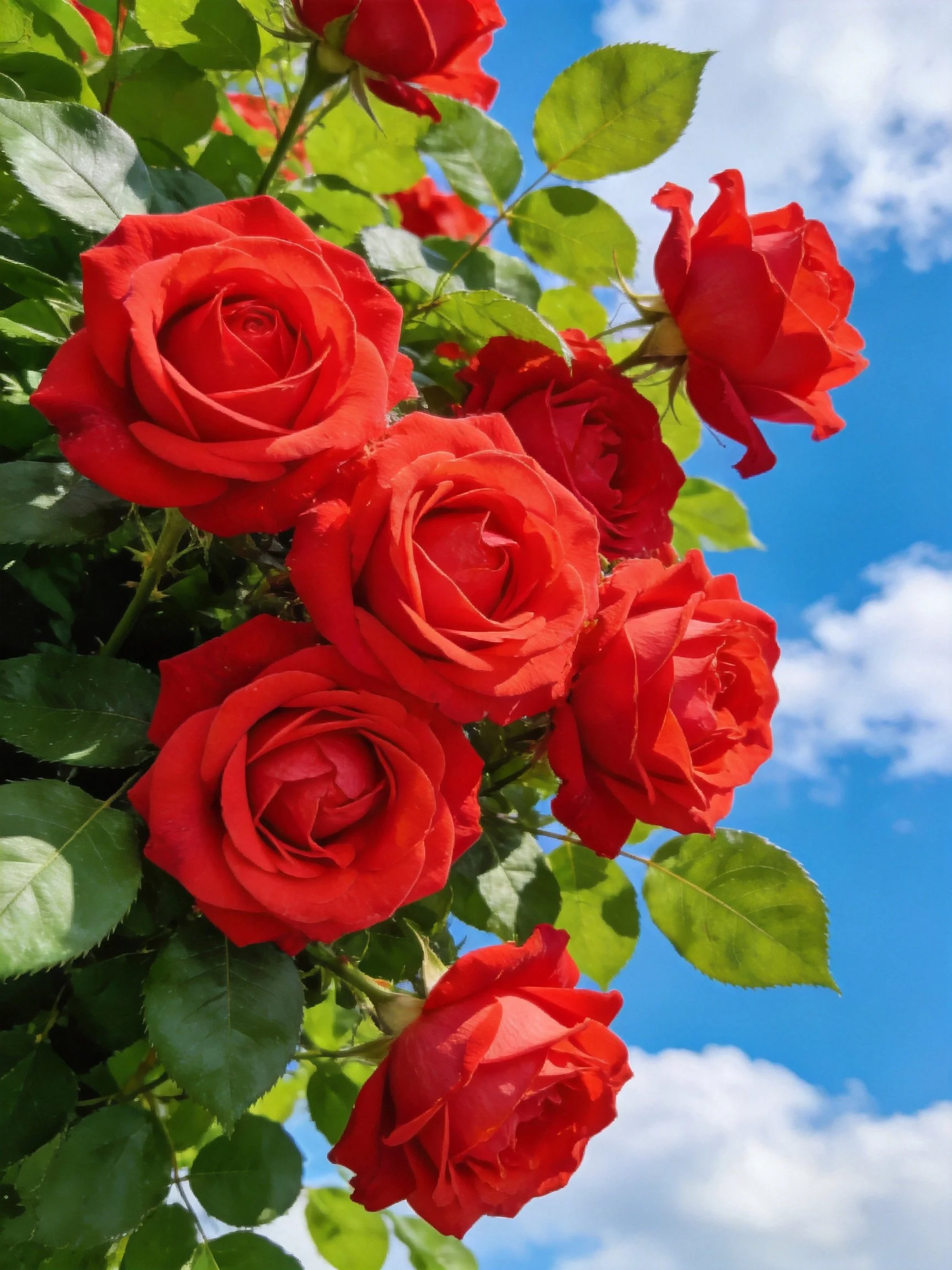 Multiple vibrant red roses with green foliage under sunny blue sky